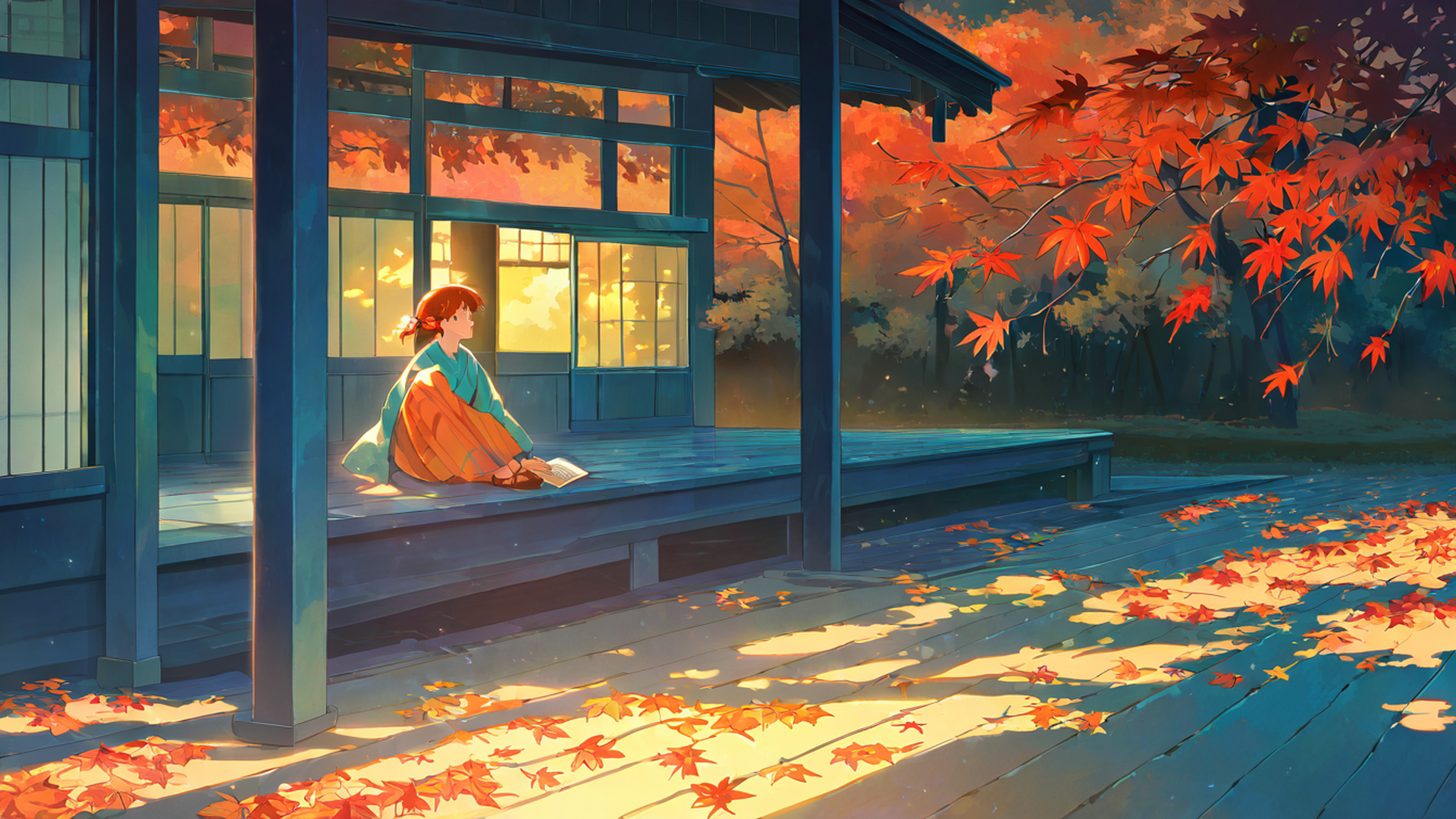 girl reading engawa lofi wallpaper