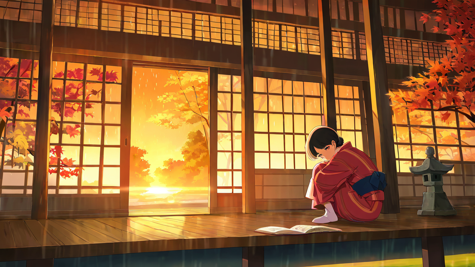 girl reading engawa lofi wallpaper