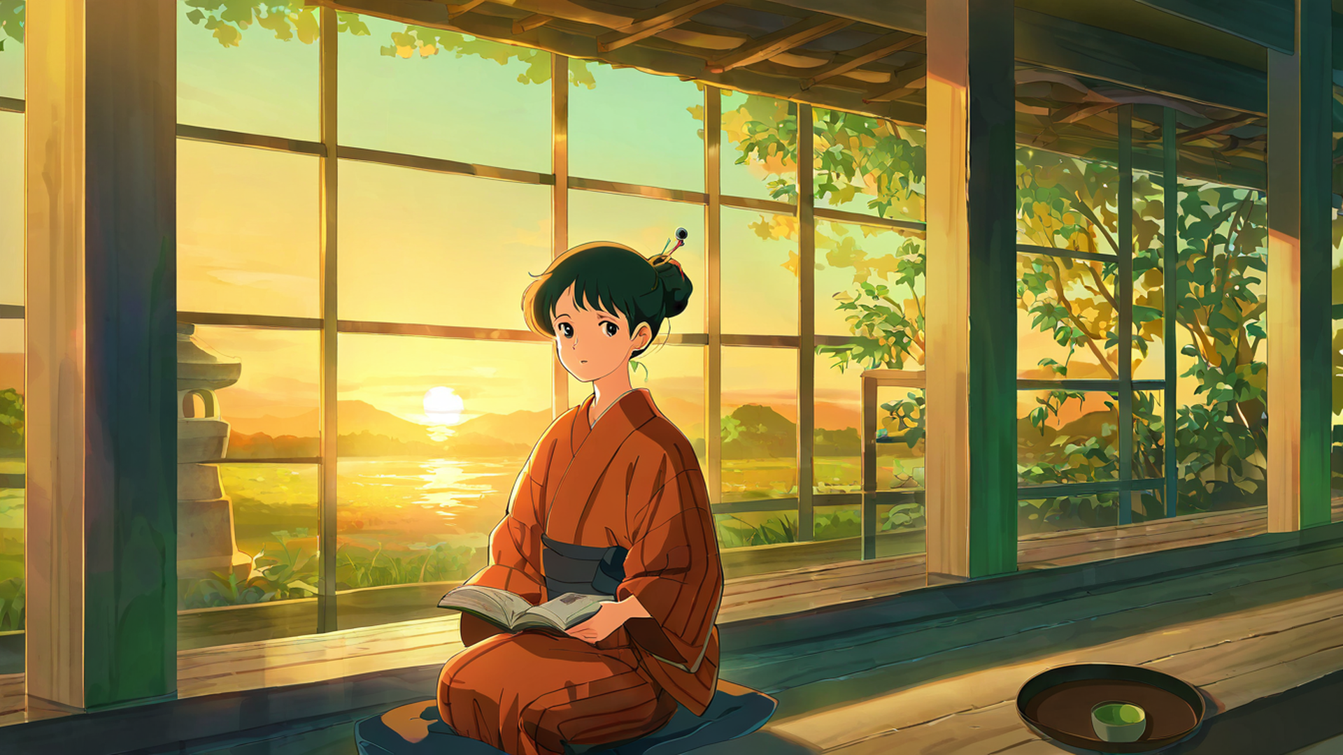 girl reading engawa lofi wallpaper