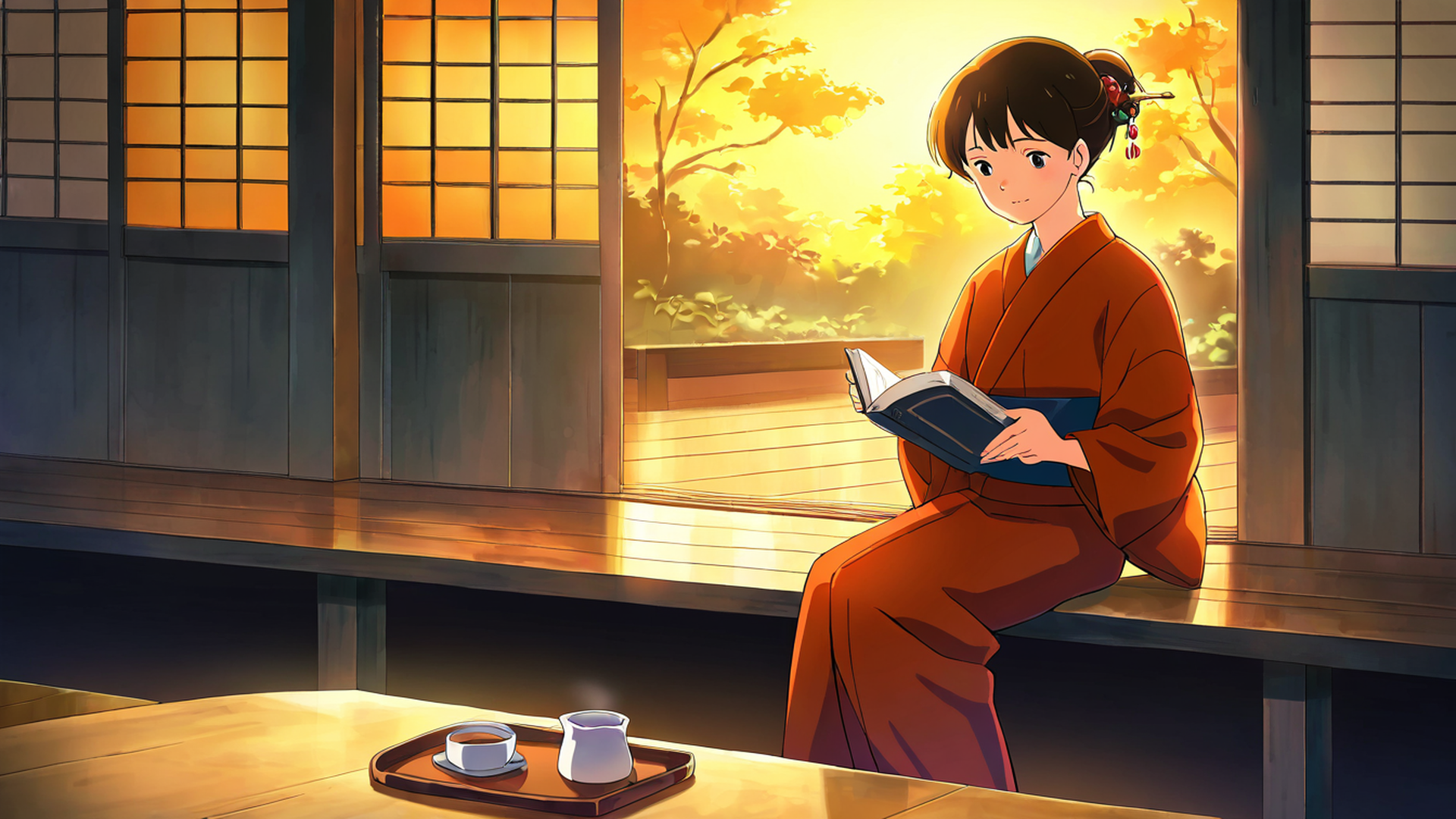 girl reading engawa lofi wallpaper