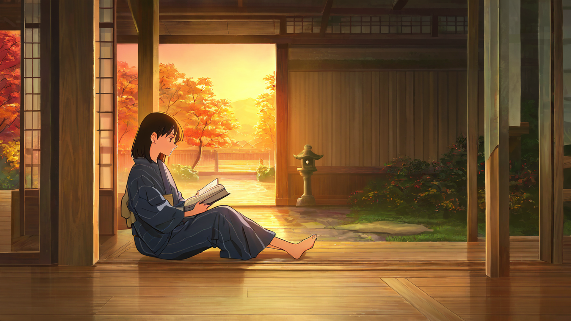 girl reading engawa lofi wallpaper
