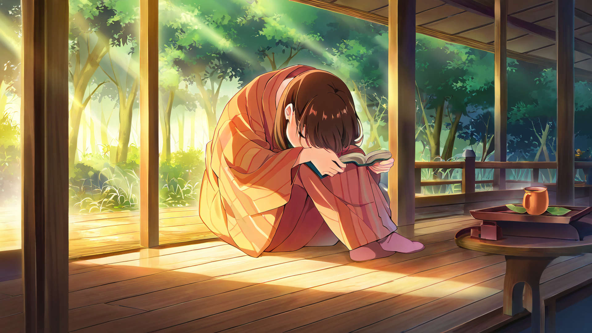 girl reading engawa lofi wallpaper