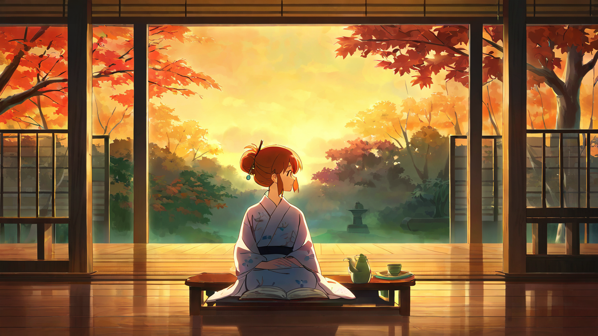 girl reading engawa lofi wallpaper