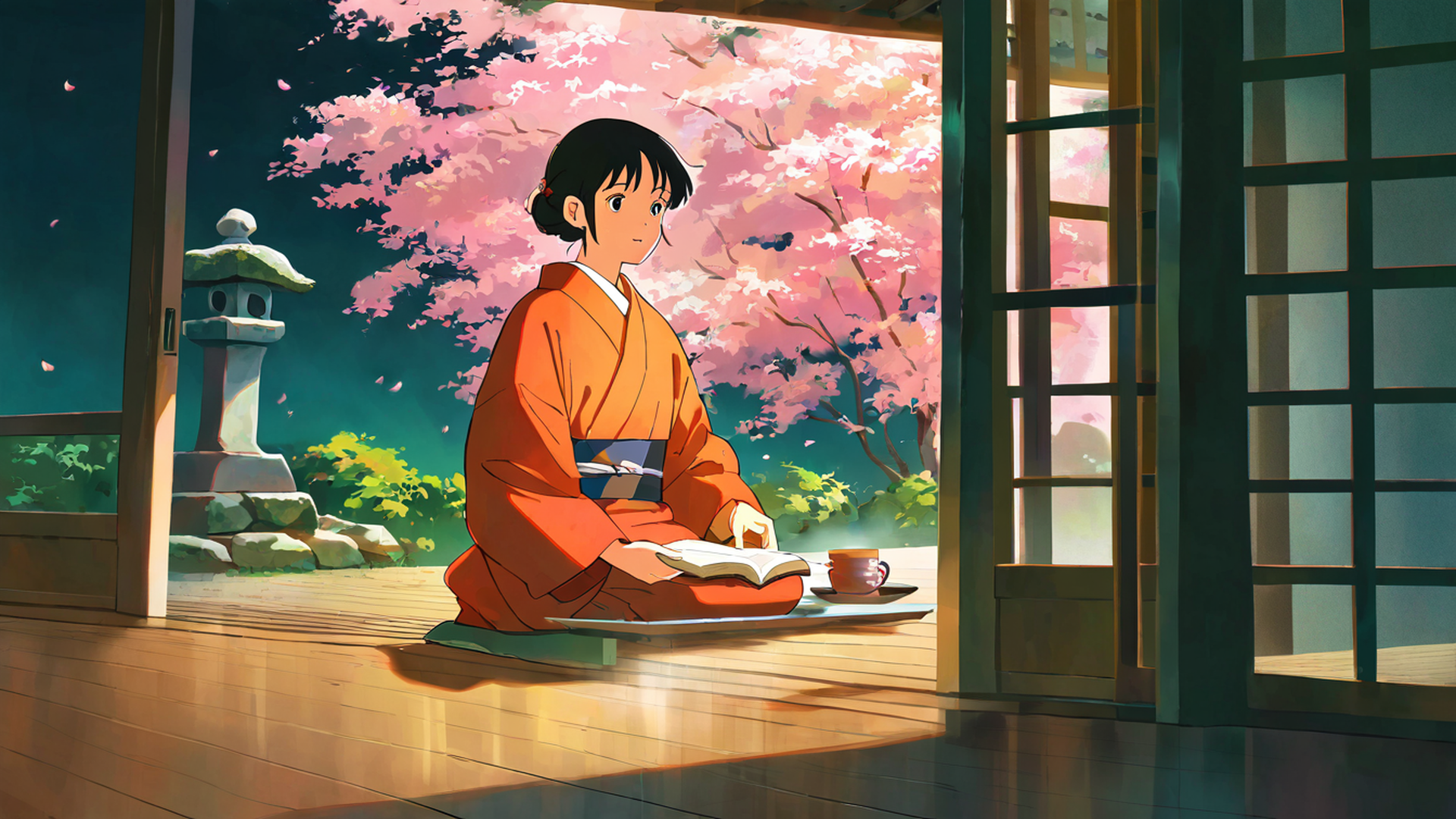 girl reading engawa lofi wallpaper