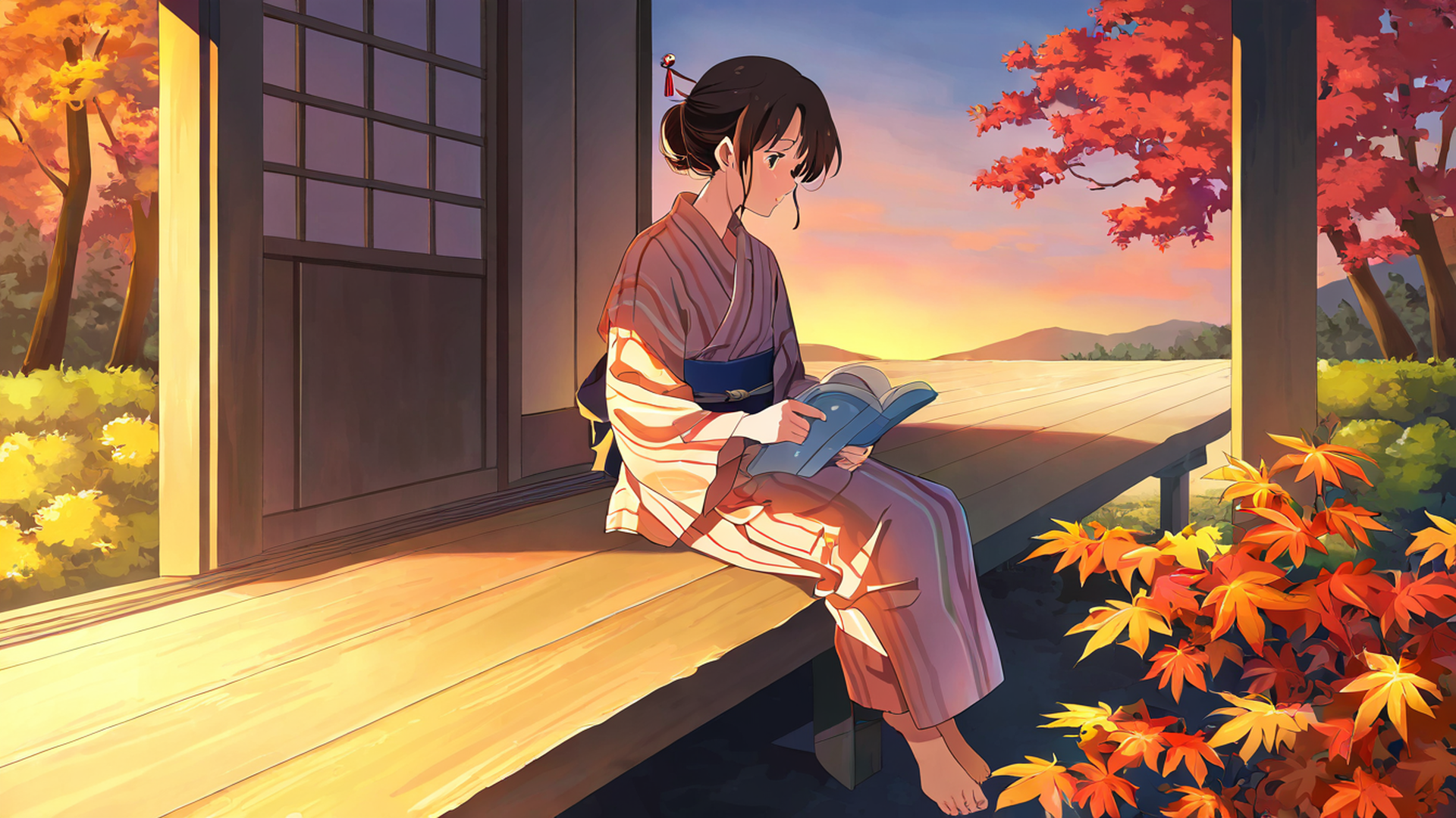 girl reading engawa lofi wallpaper