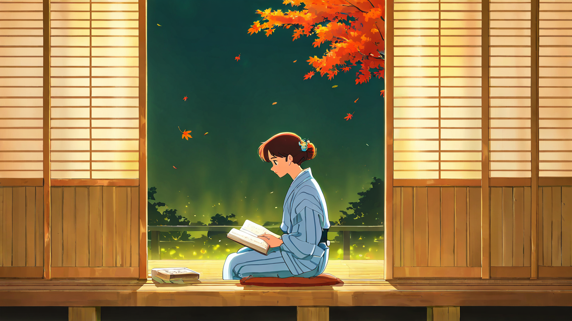 girl reading engawa lofi wallpaper