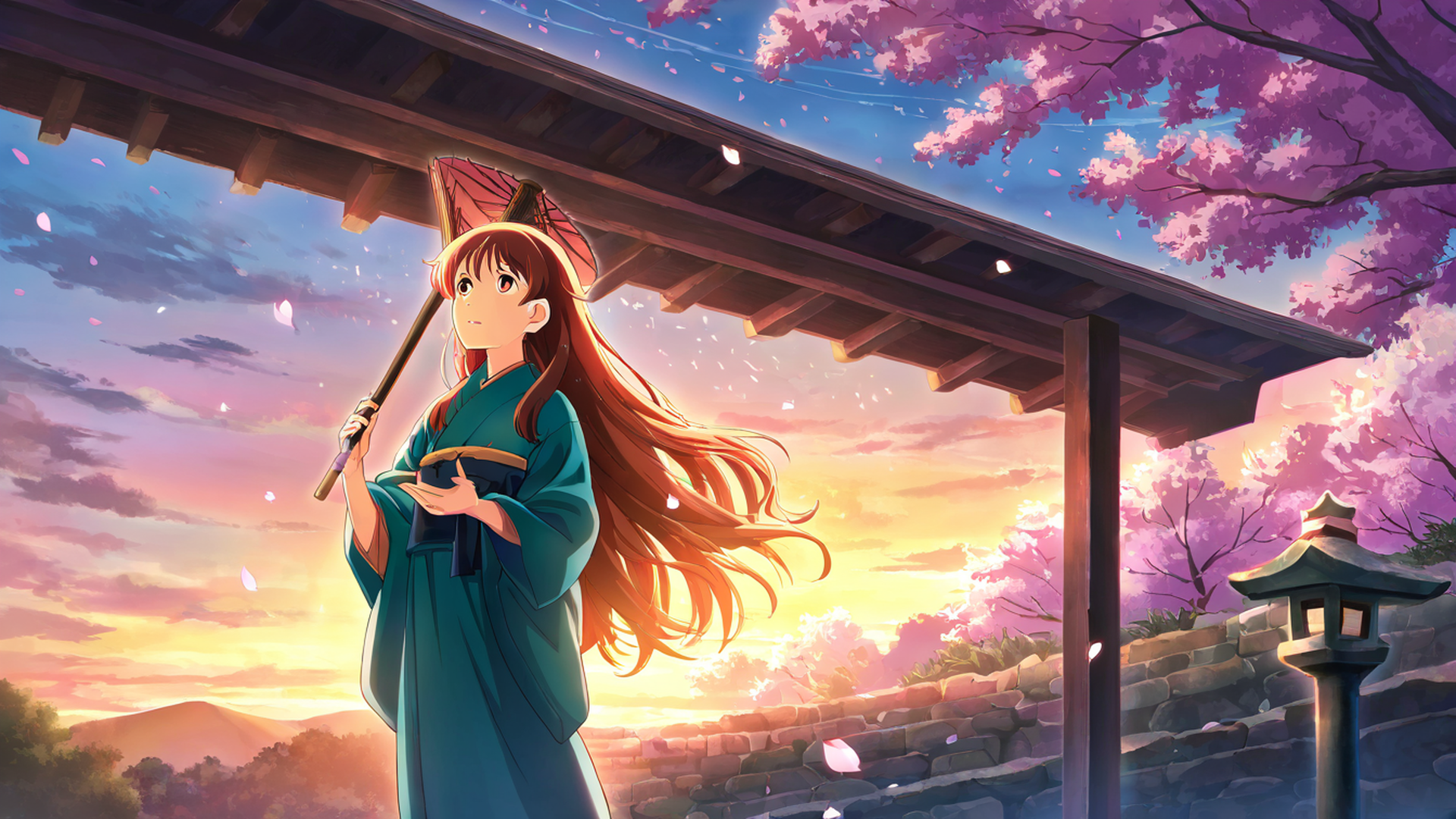 girl sakura umbrella lofi wallpaper