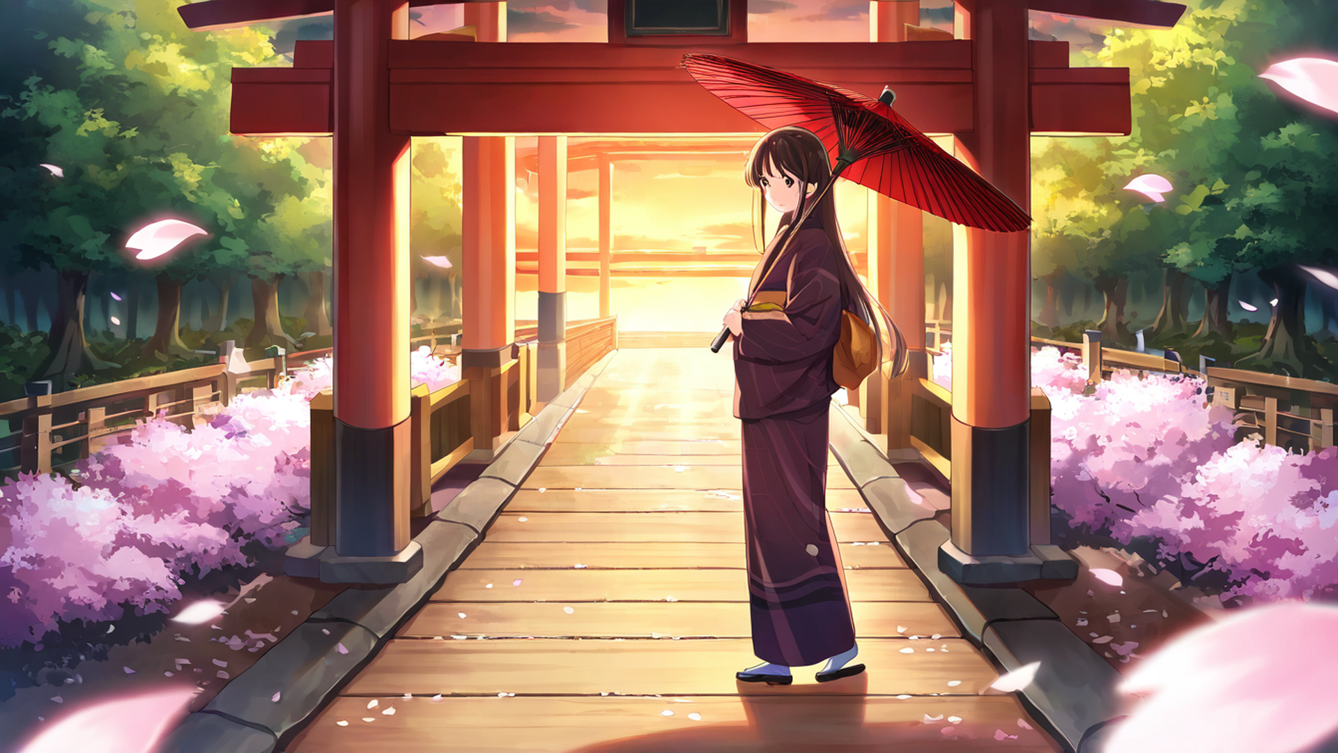 girl sakura umbrella lofi wallpaper