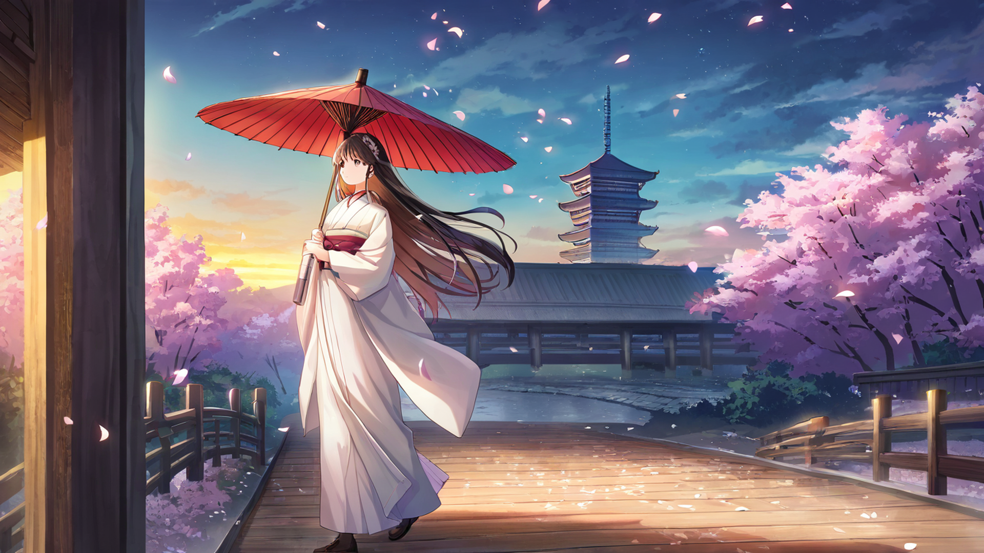 girl sakura umbrella lofi wallpaper
