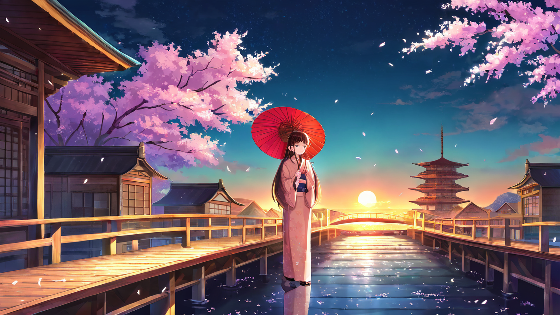 girl sakura umbrella lofi wallpaper