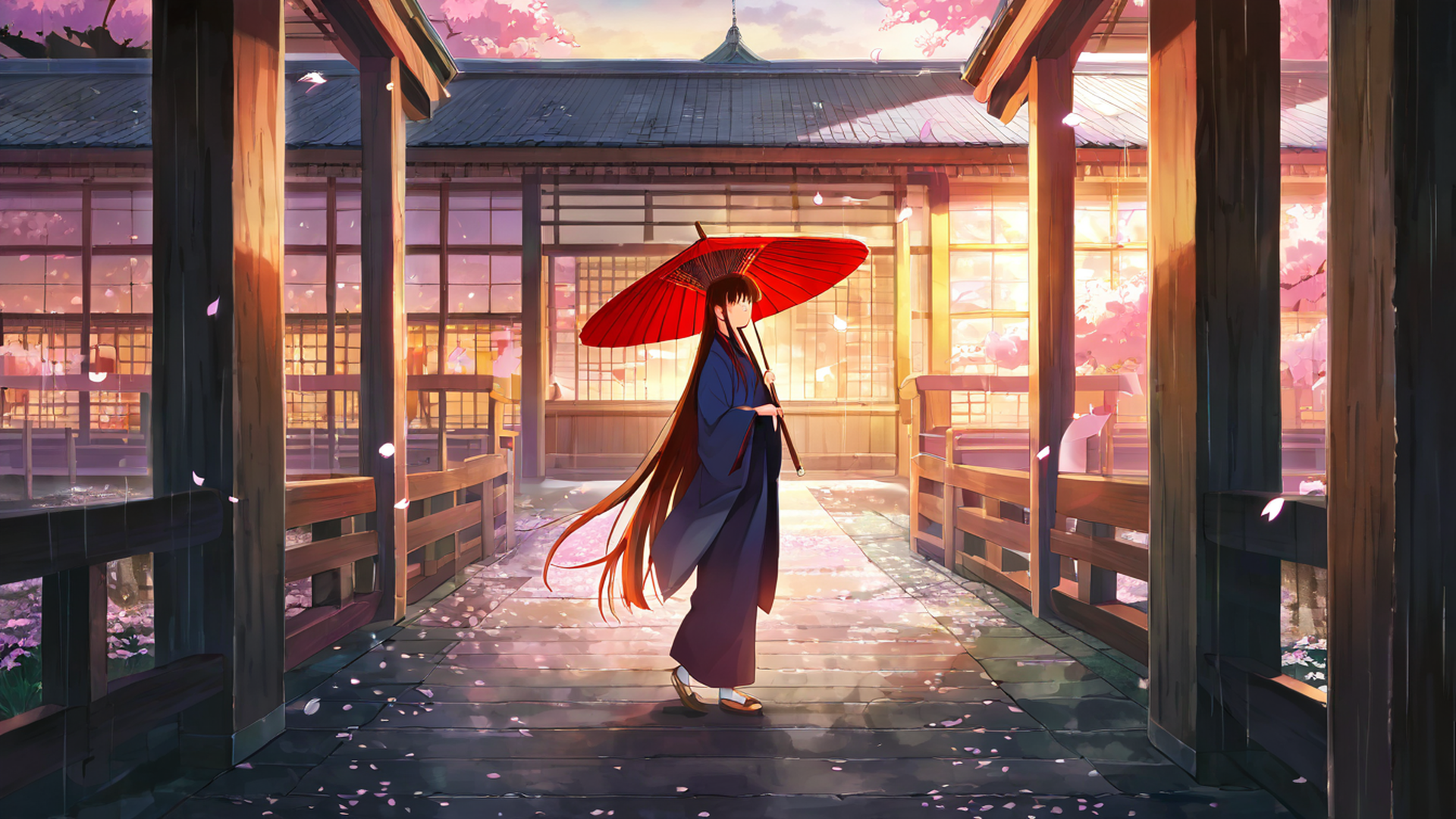 girl sakura umbrella lofi wallpaper