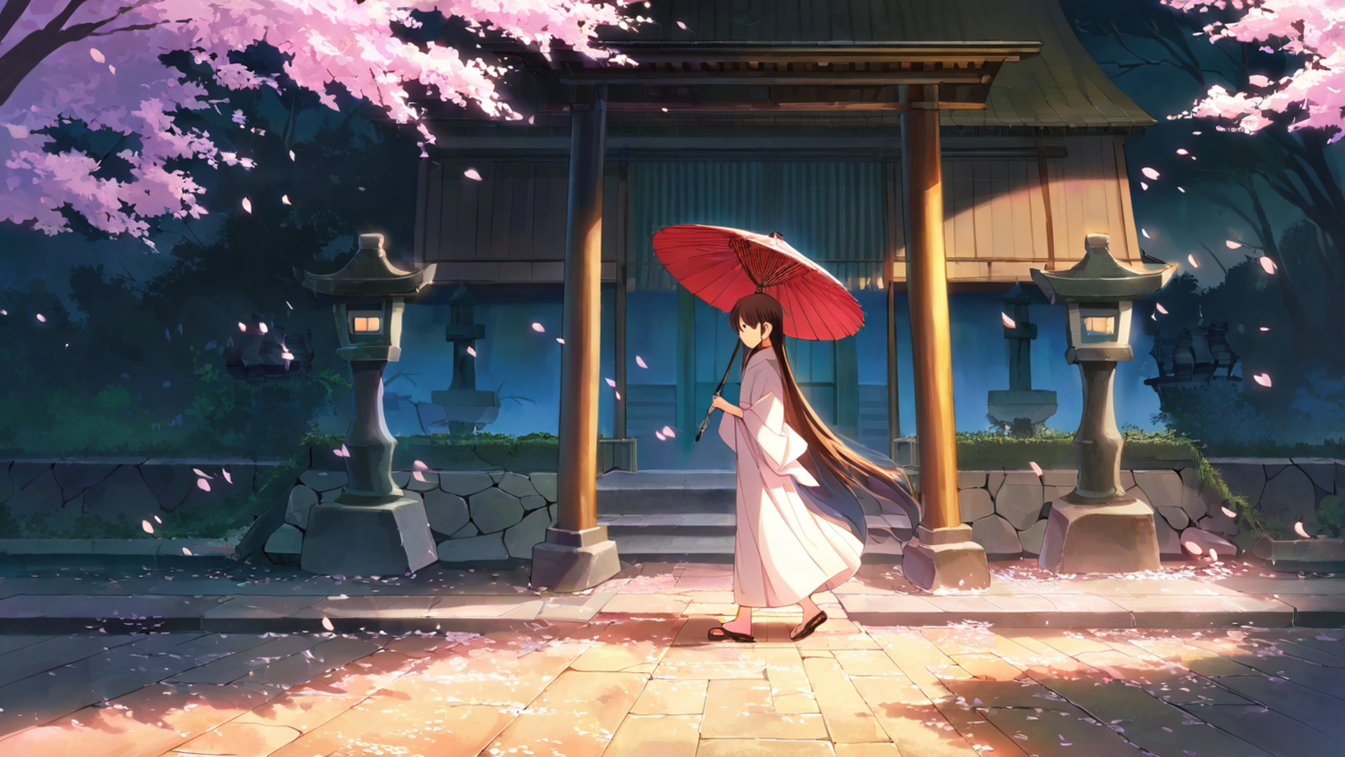 girl sakura umbrella lofi wallpaper