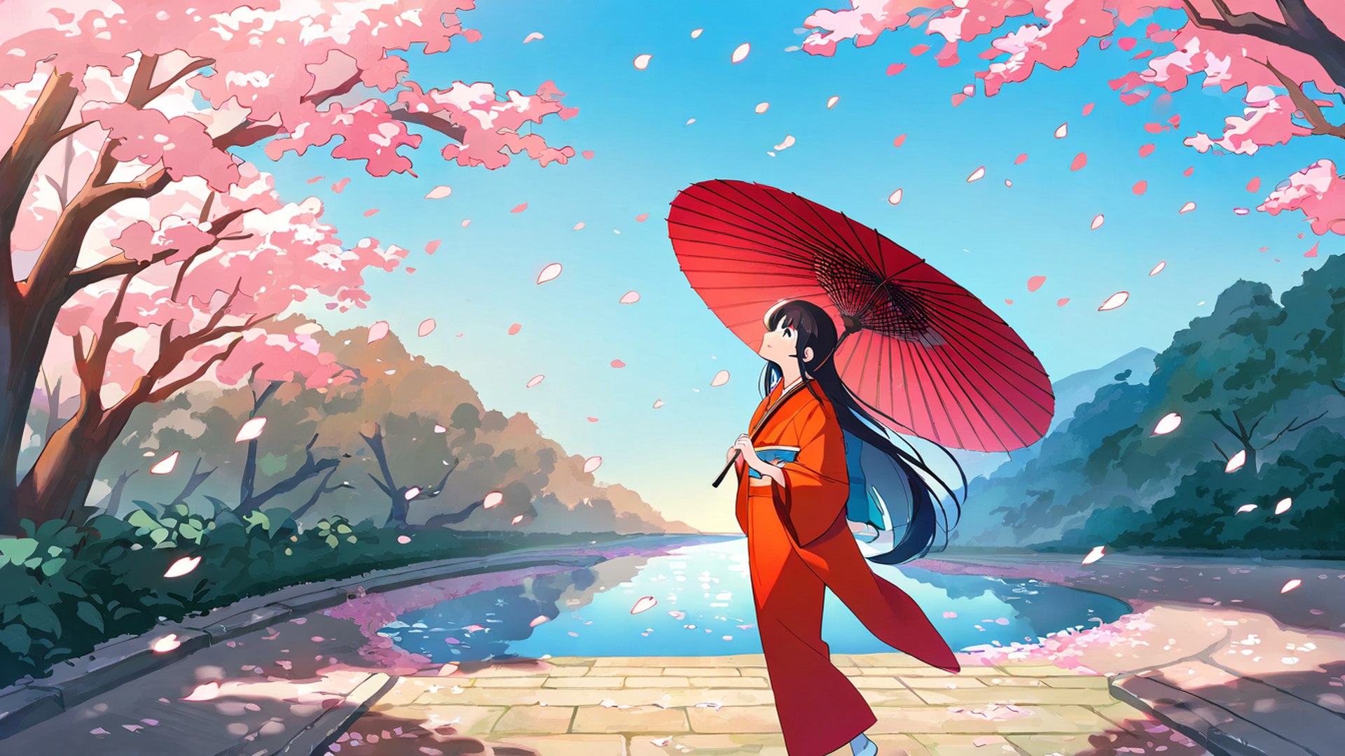 girl sakura umbrella lofi wallpaper
