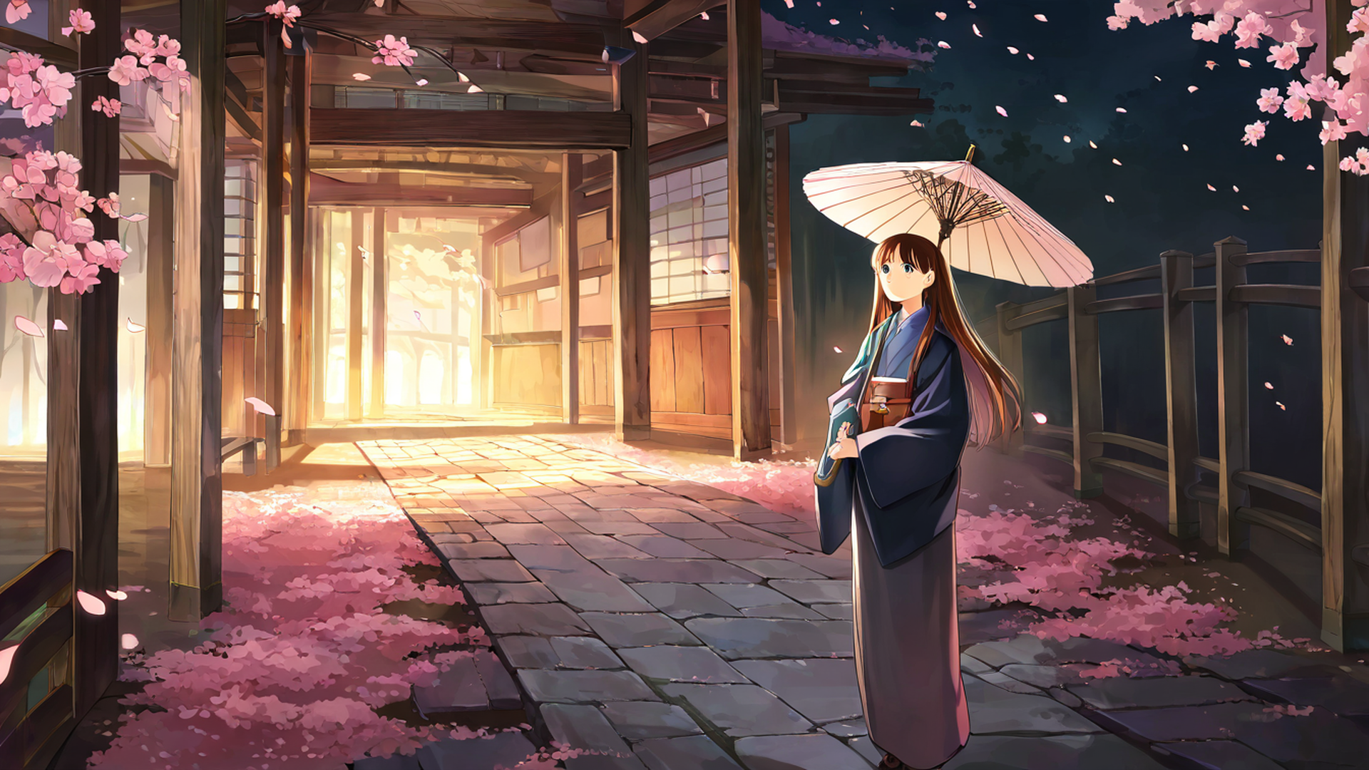 girl sakura umbrella lofi wallpaper