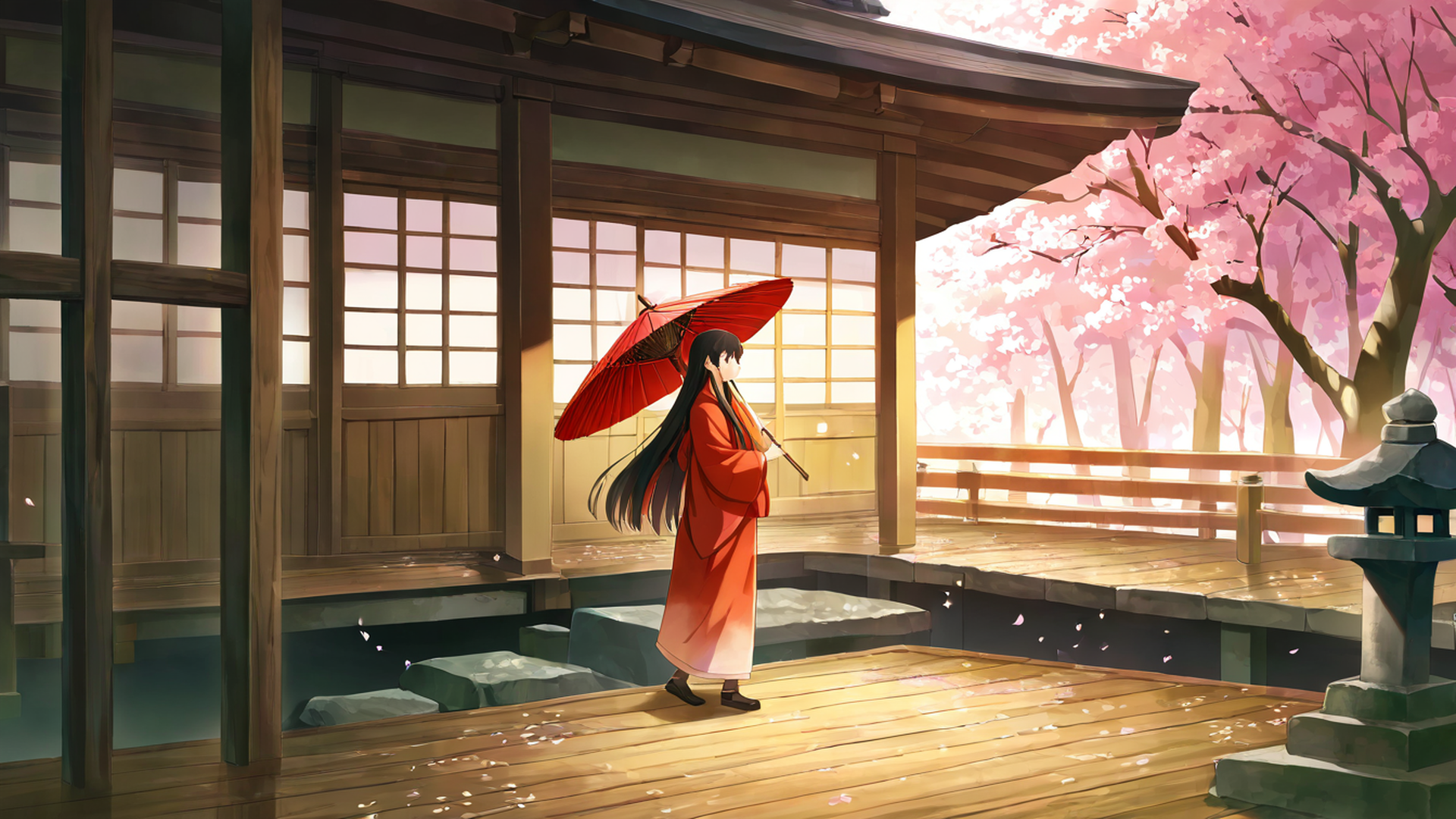 girl sakura umbrella lofi wallpaper