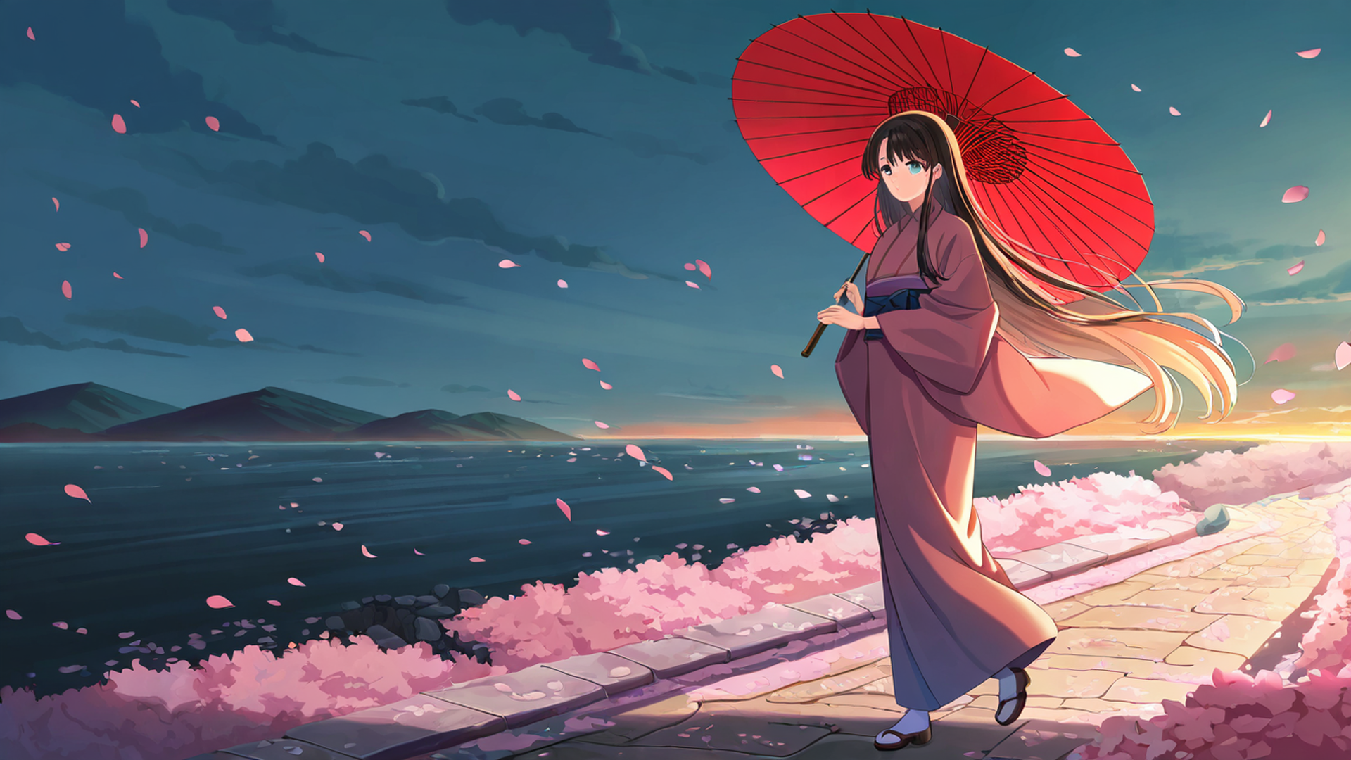 girl sakura umbrella lofi wallpaper