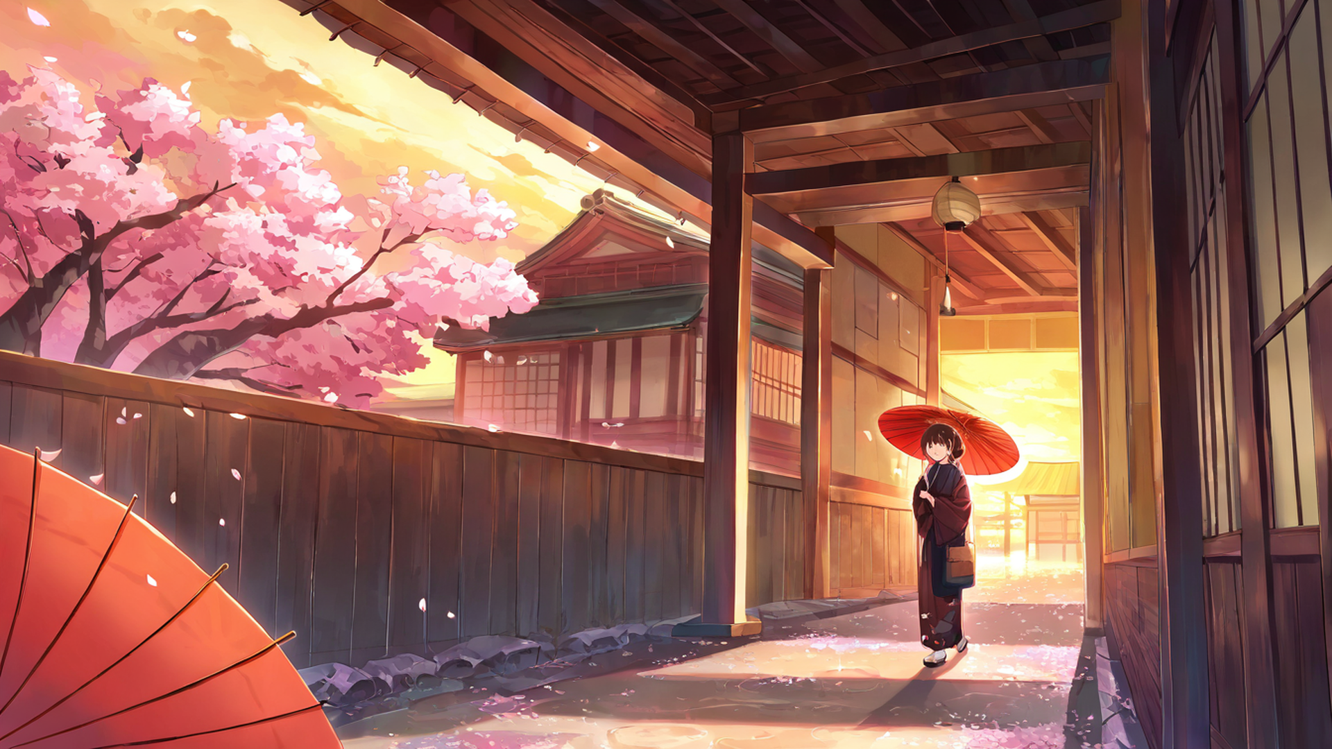 girl sakura umbrella lofi wallpaper