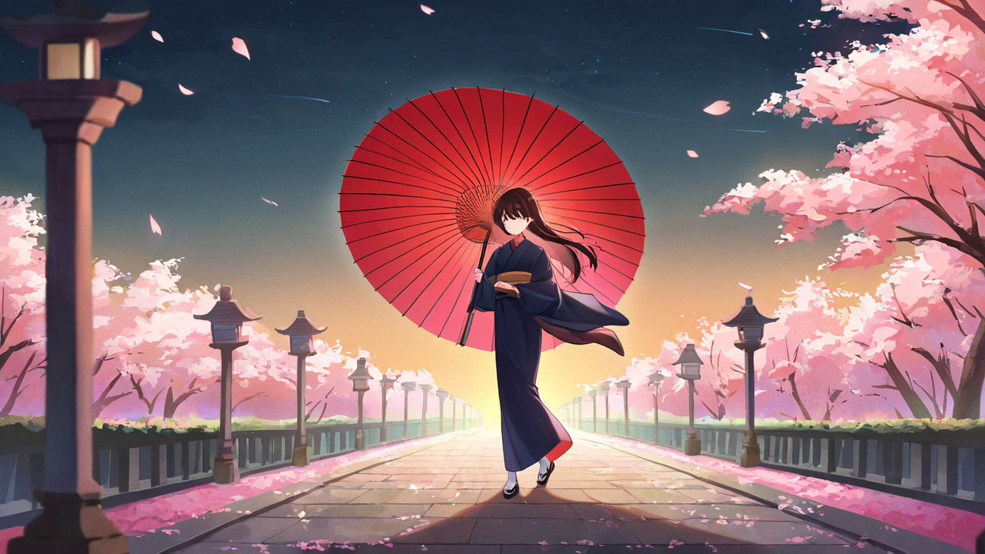 girl sakura umbrella lofi wallpaper