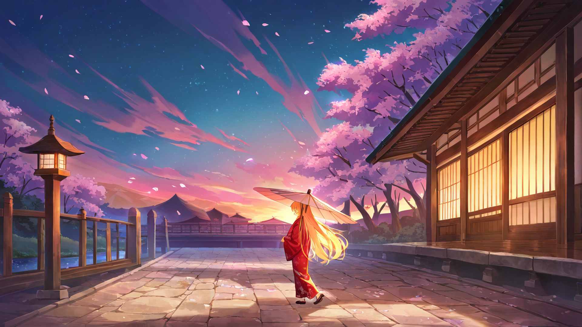 girl sakura umbrella lofi wallpaper