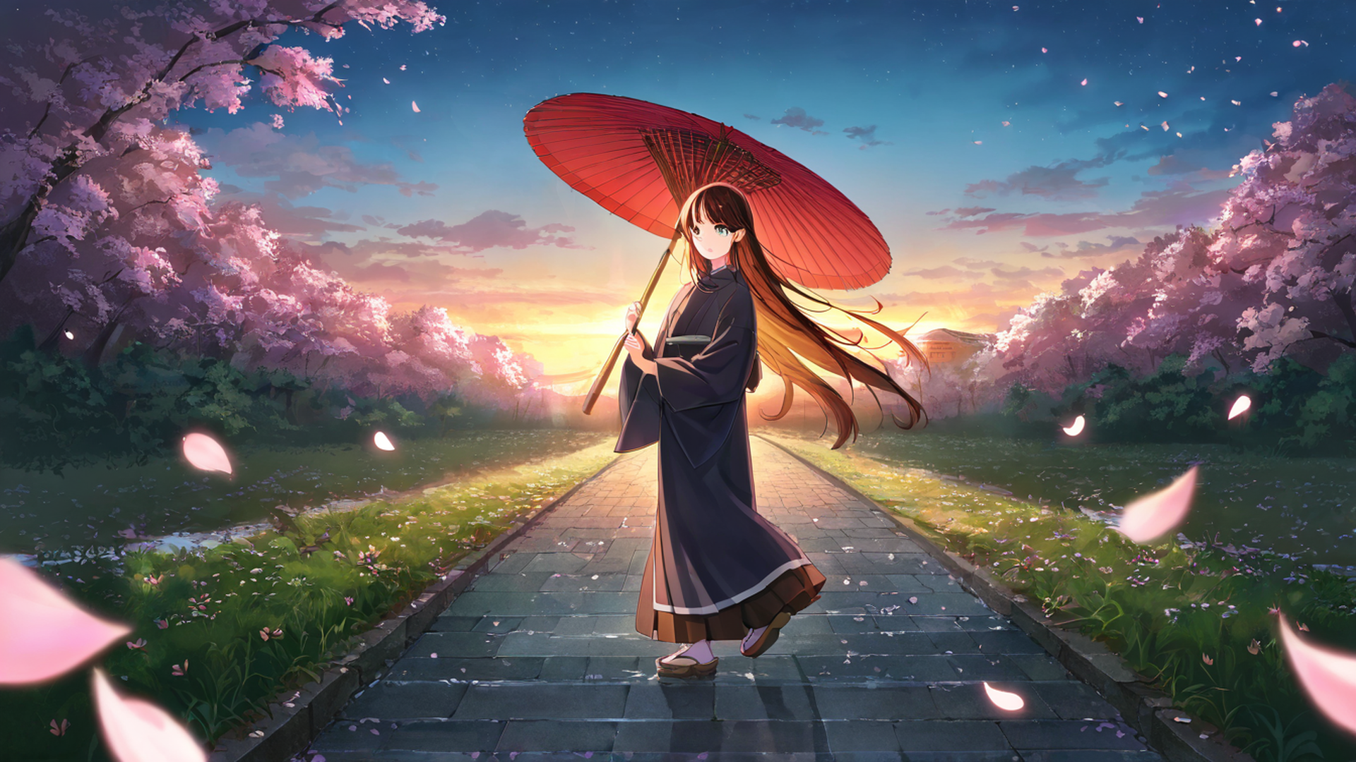 girl sakura umbrella lofi wallpaper