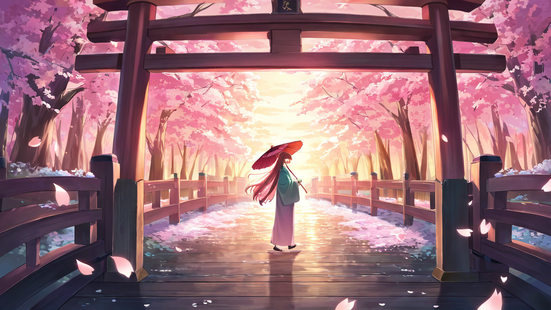 girl sakura umbrella lofi wallpaper
