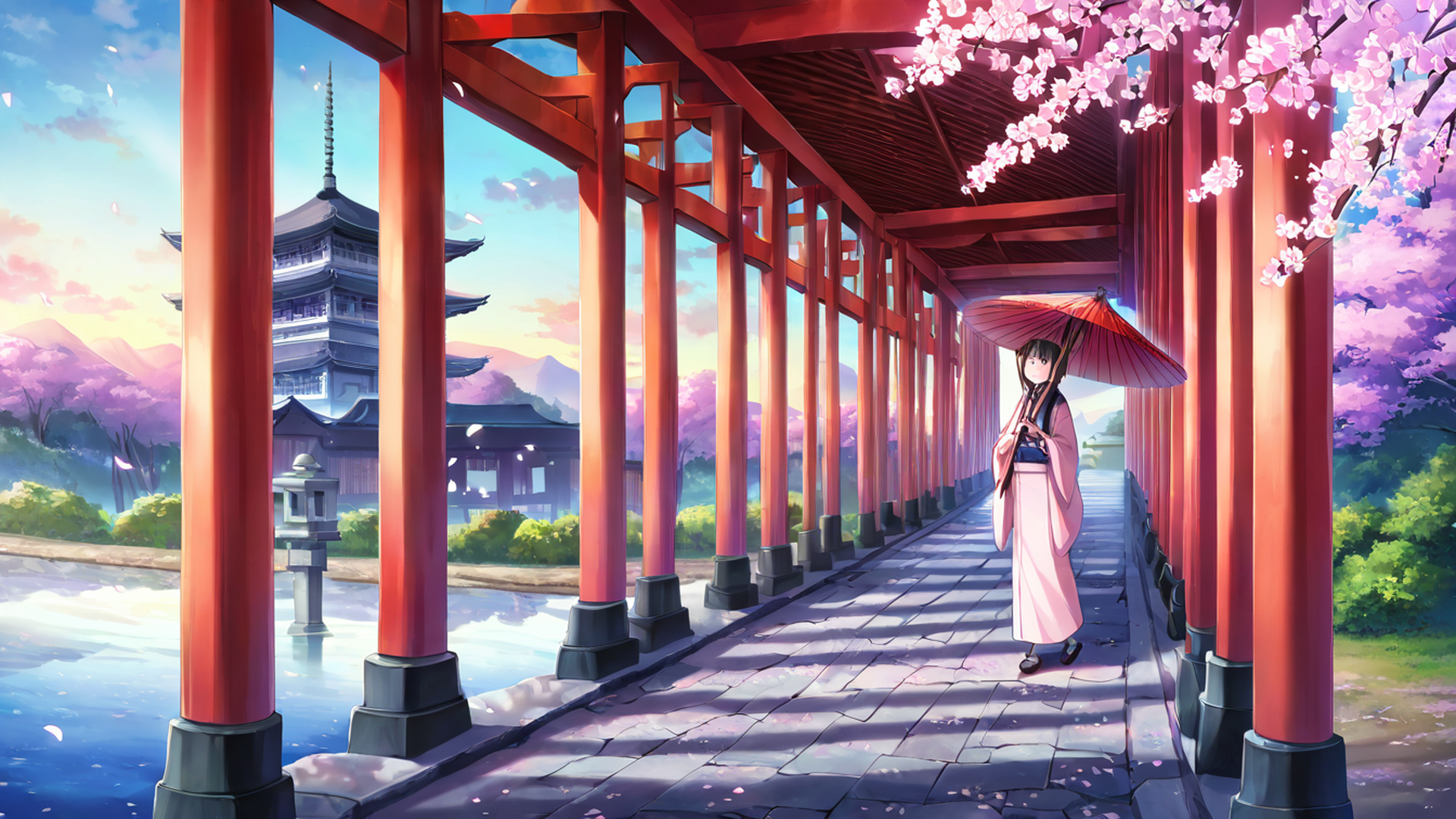 girl sakura umbrella lofi wallpaper