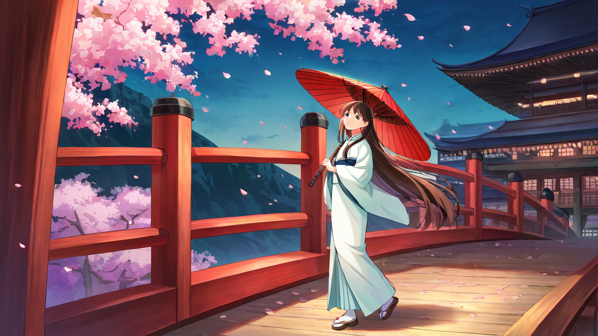 girl sakura umbrella lofi wallpaper