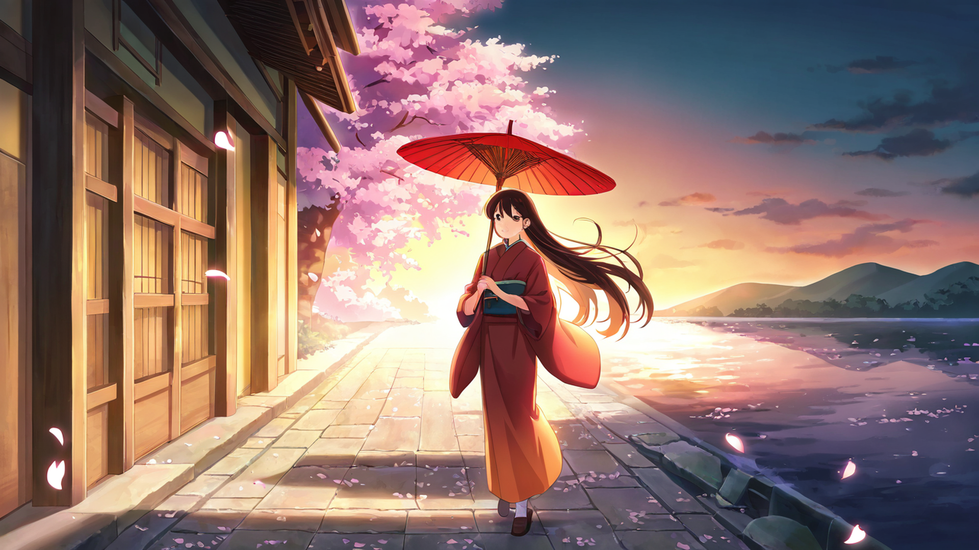 girl sakura umbrella lofi wallpaper