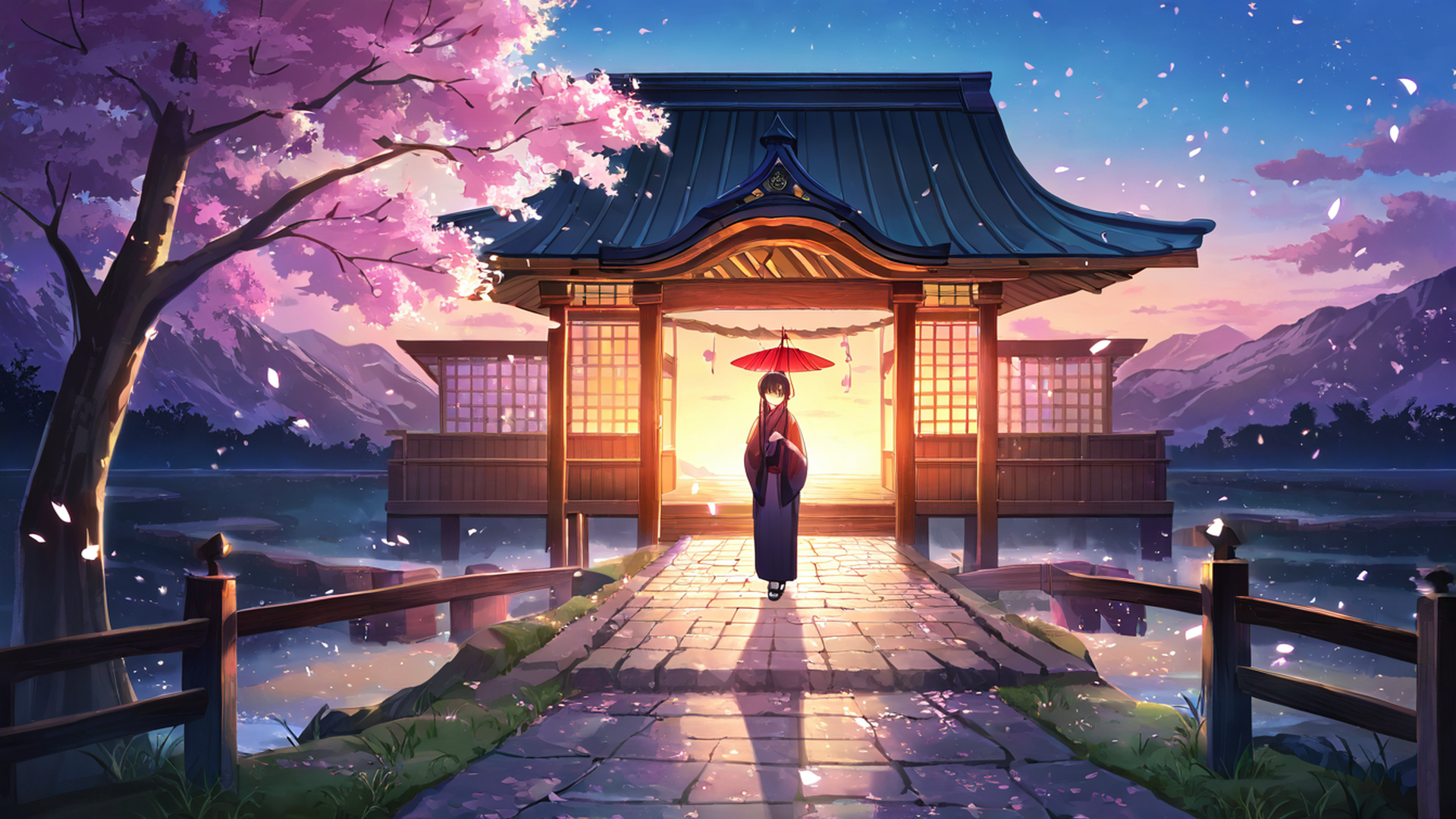 girl sakura umbrella lofi wallpaper