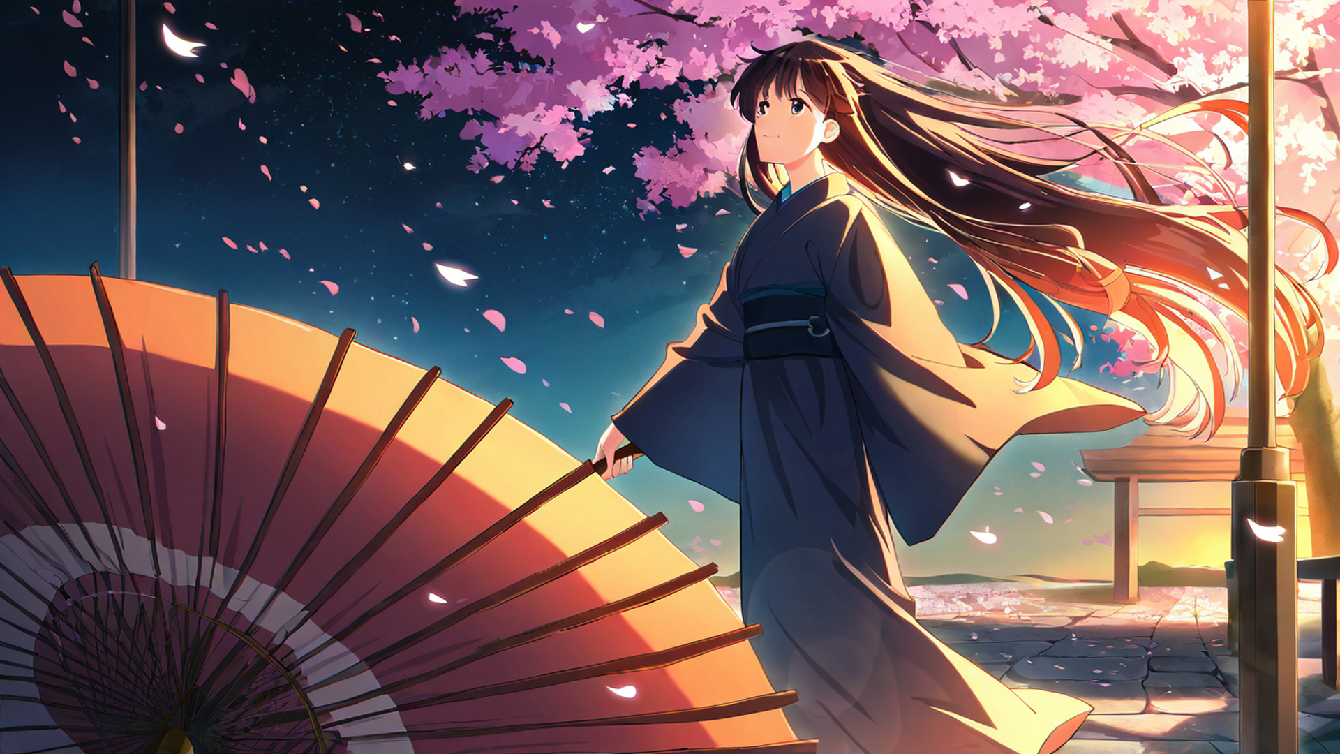 girl sakura umbrella lofi wallpaper