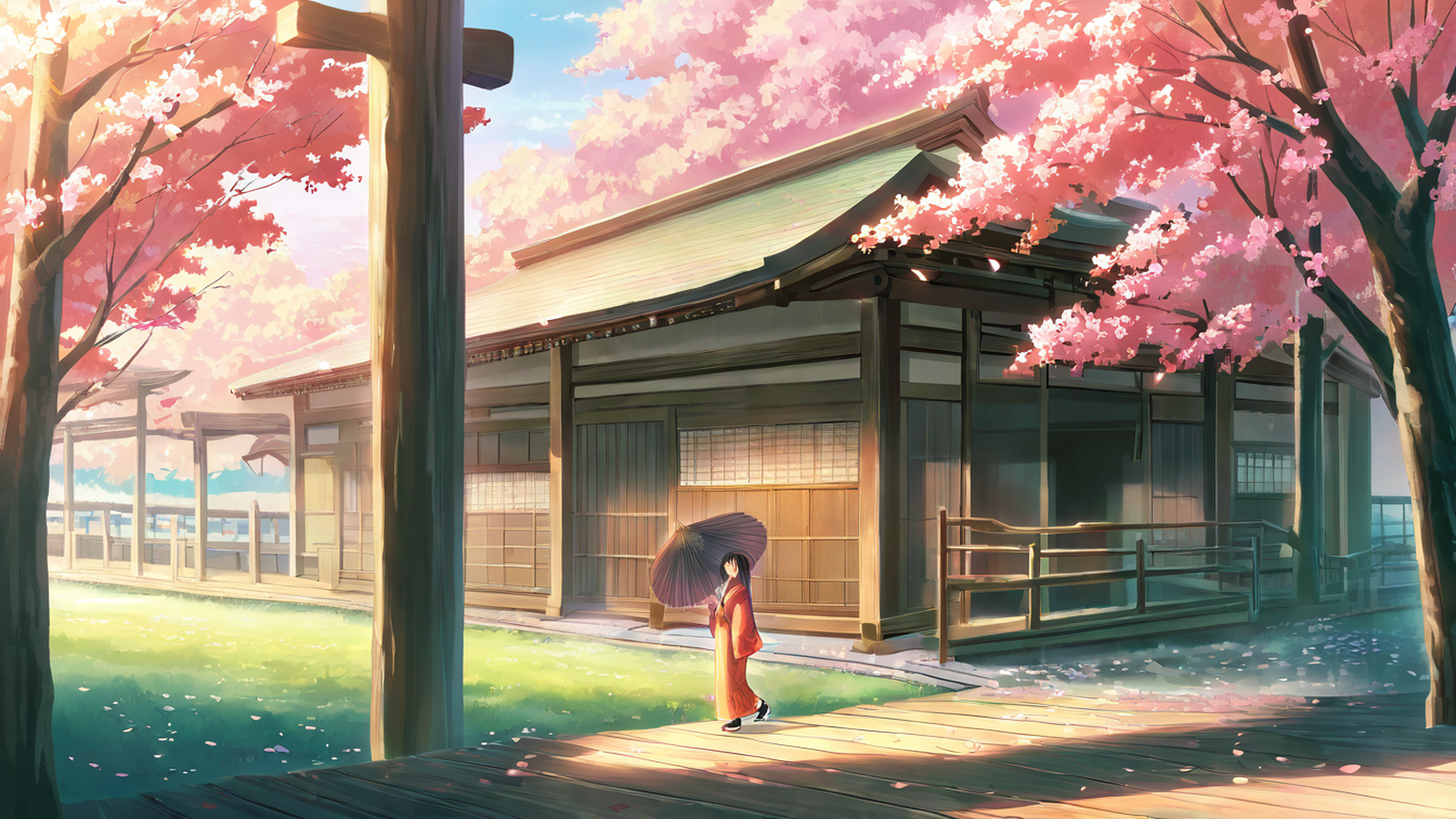 girl sakura umbrella lofi wallpaper