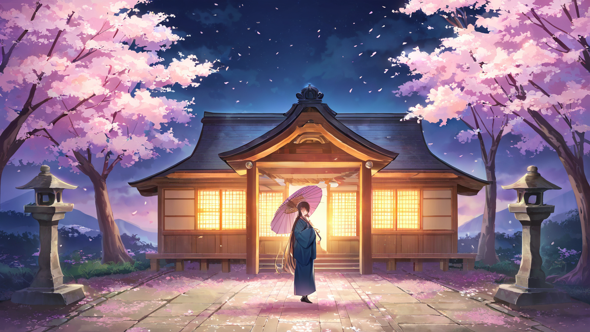 girl sakura umbrella lofi wallpaper