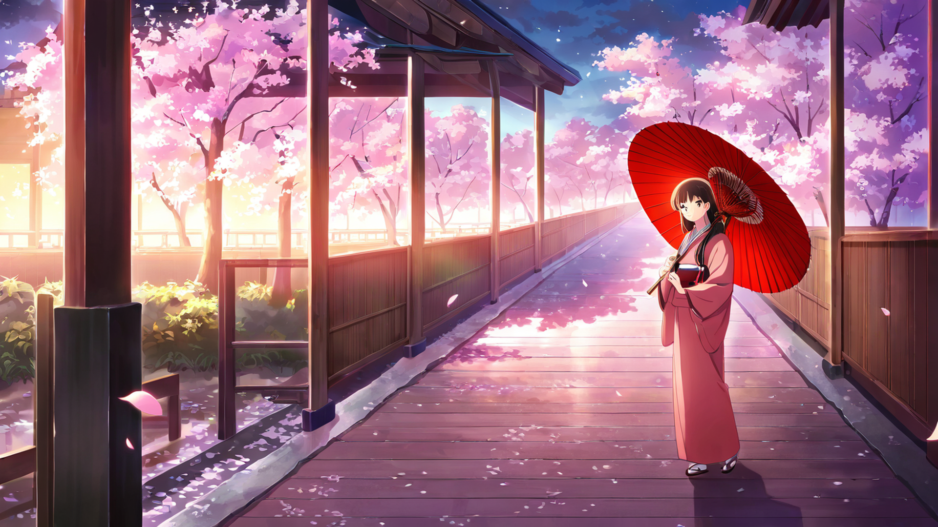 girl sakura umbrella lofi wallpaper