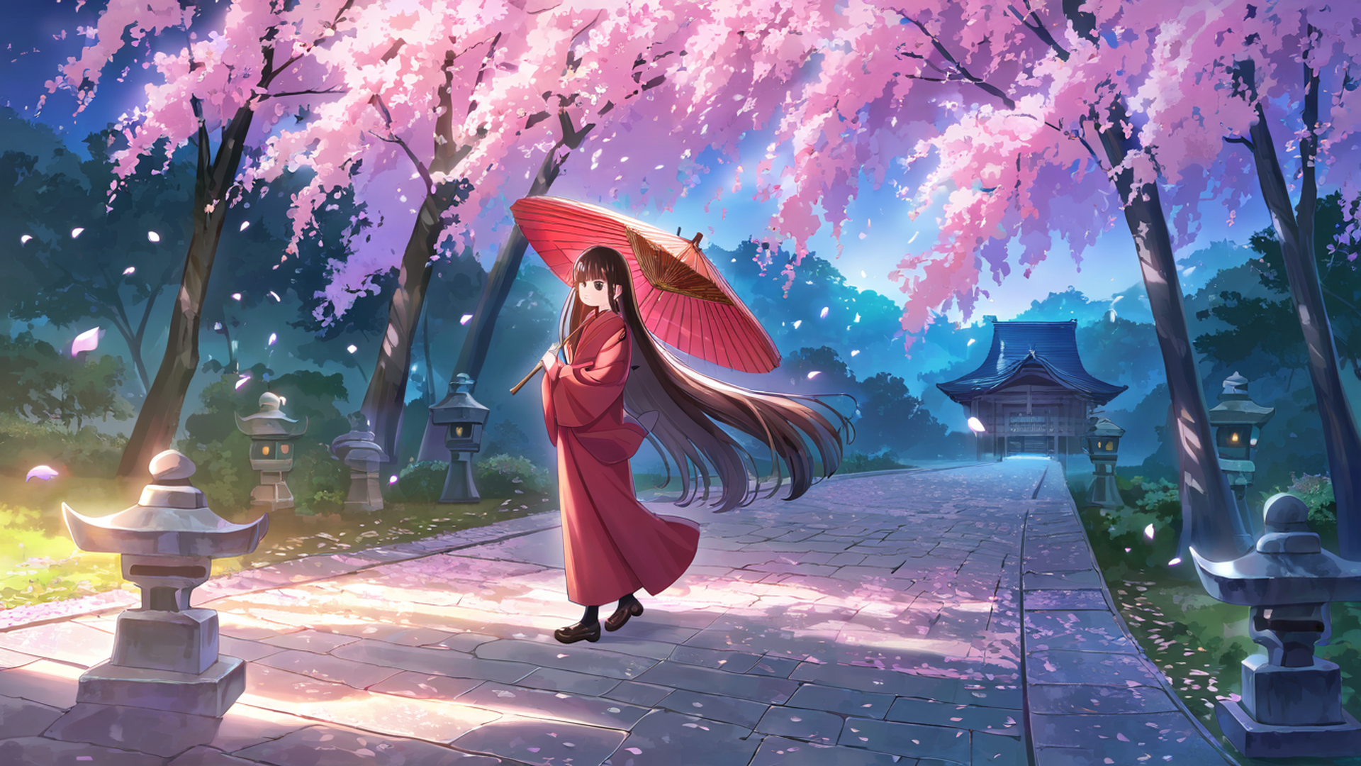 girl sakura umbrella lofi wallpaper