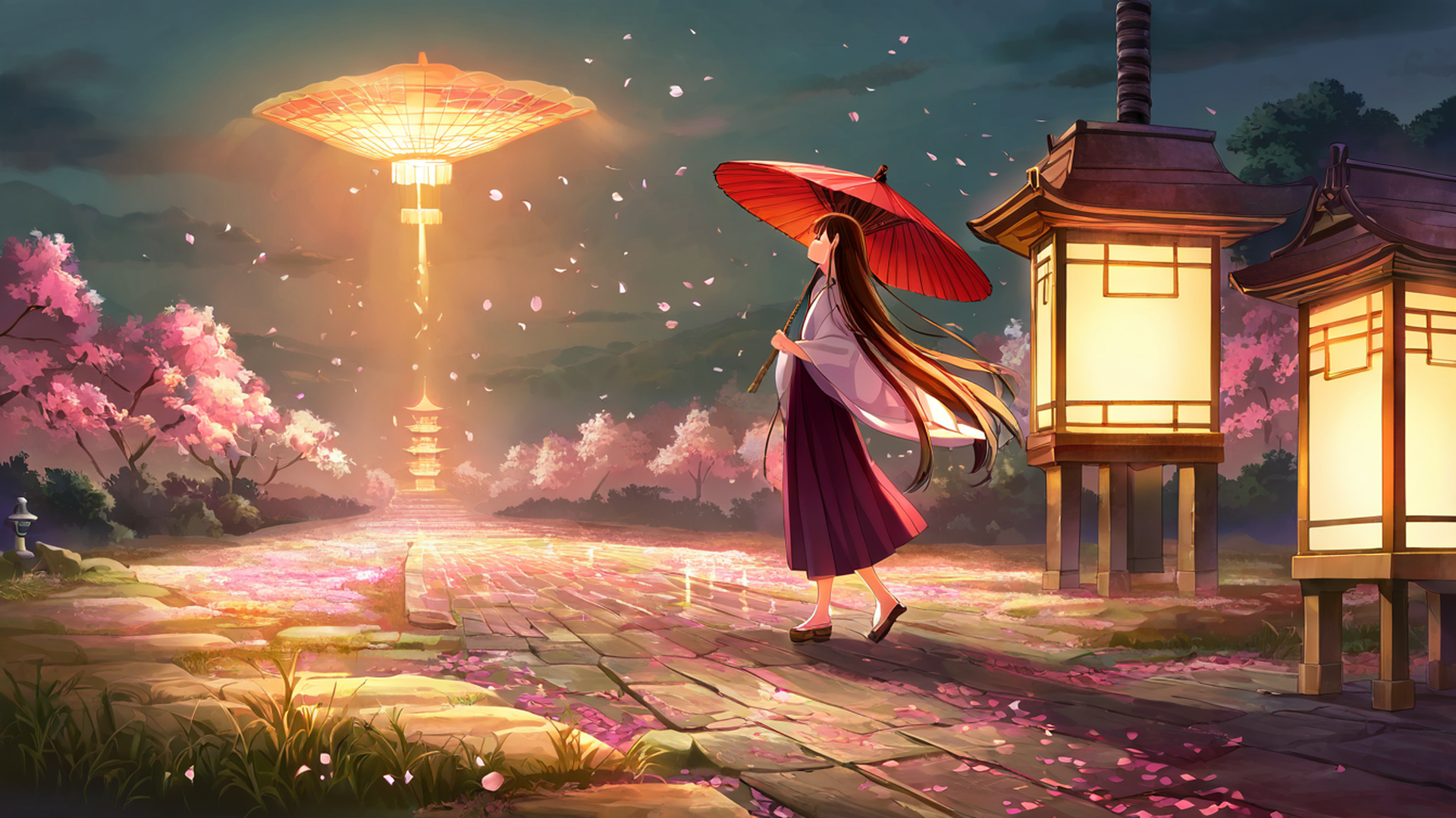 girl sakura umbrella lofi wallpaper