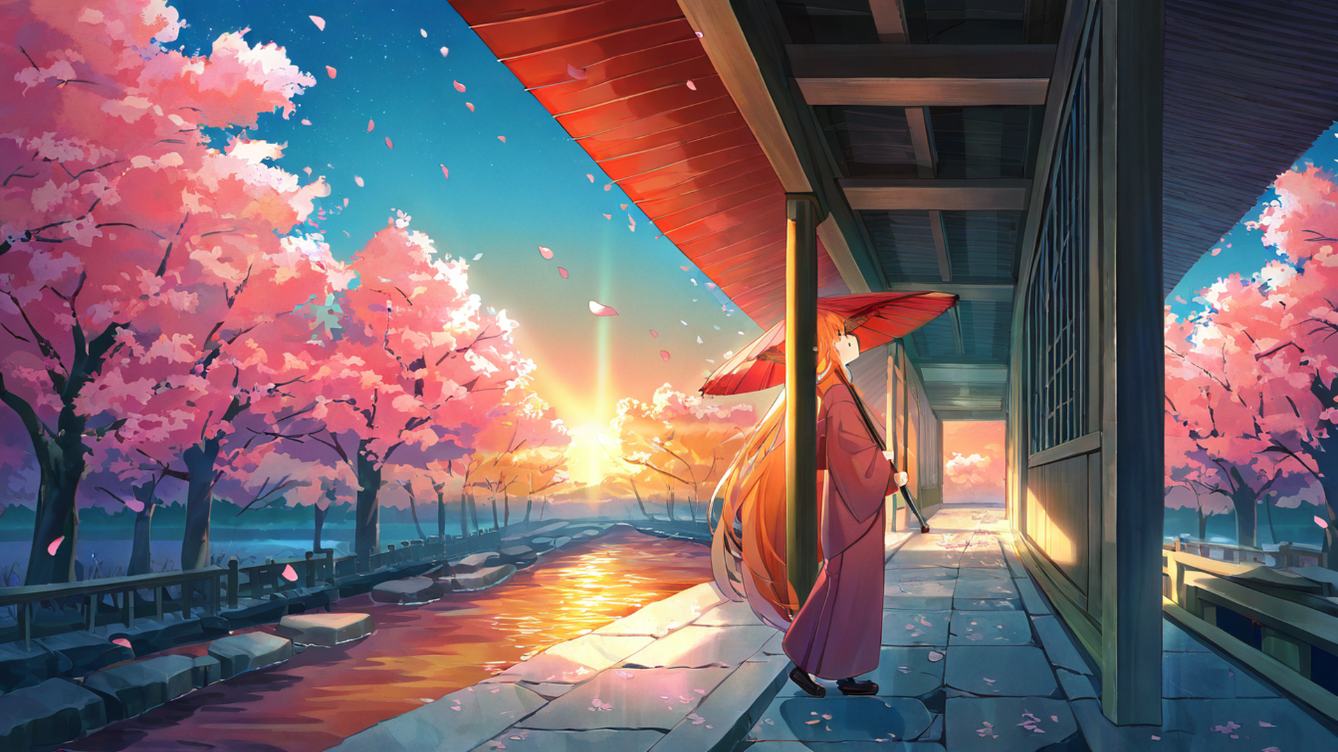 girl sakura umbrella lofi wallpaper