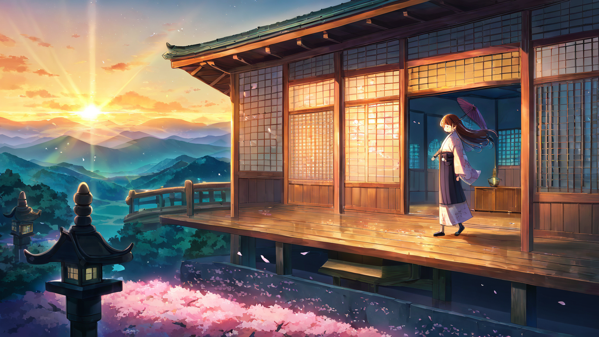 girl sakura umbrella lofi wallpaper