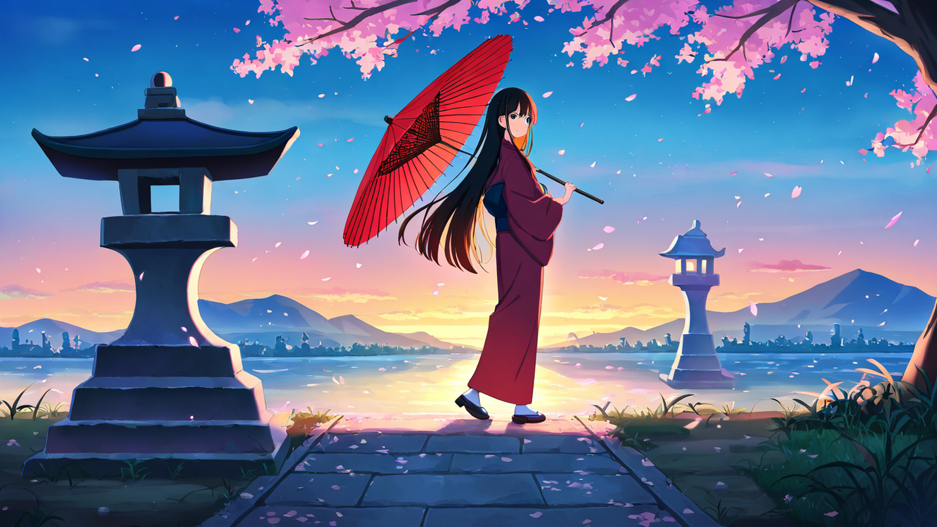 girl sakura umbrella lofi wallpaper