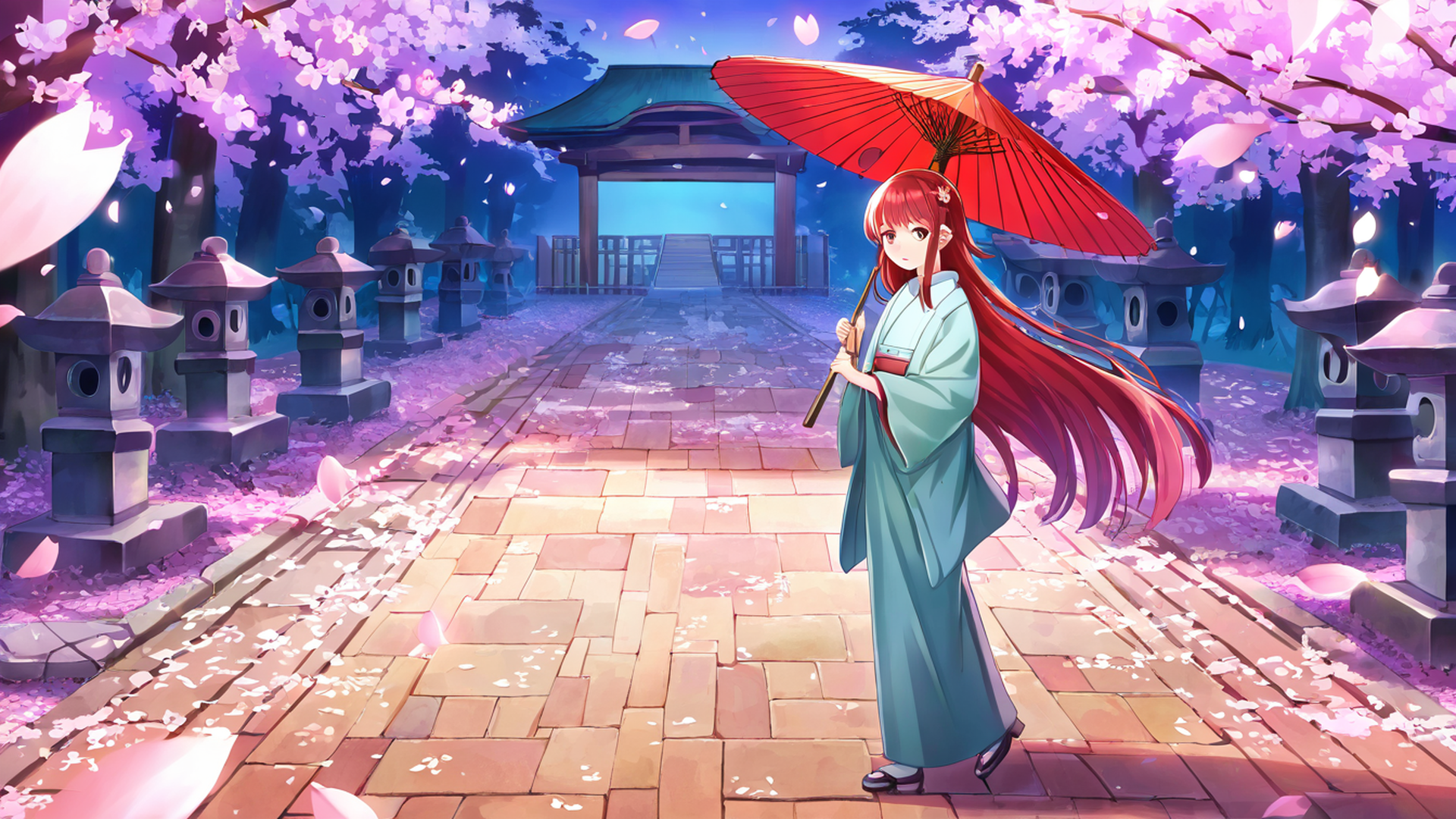 girl sakura umbrella lofi wallpaper