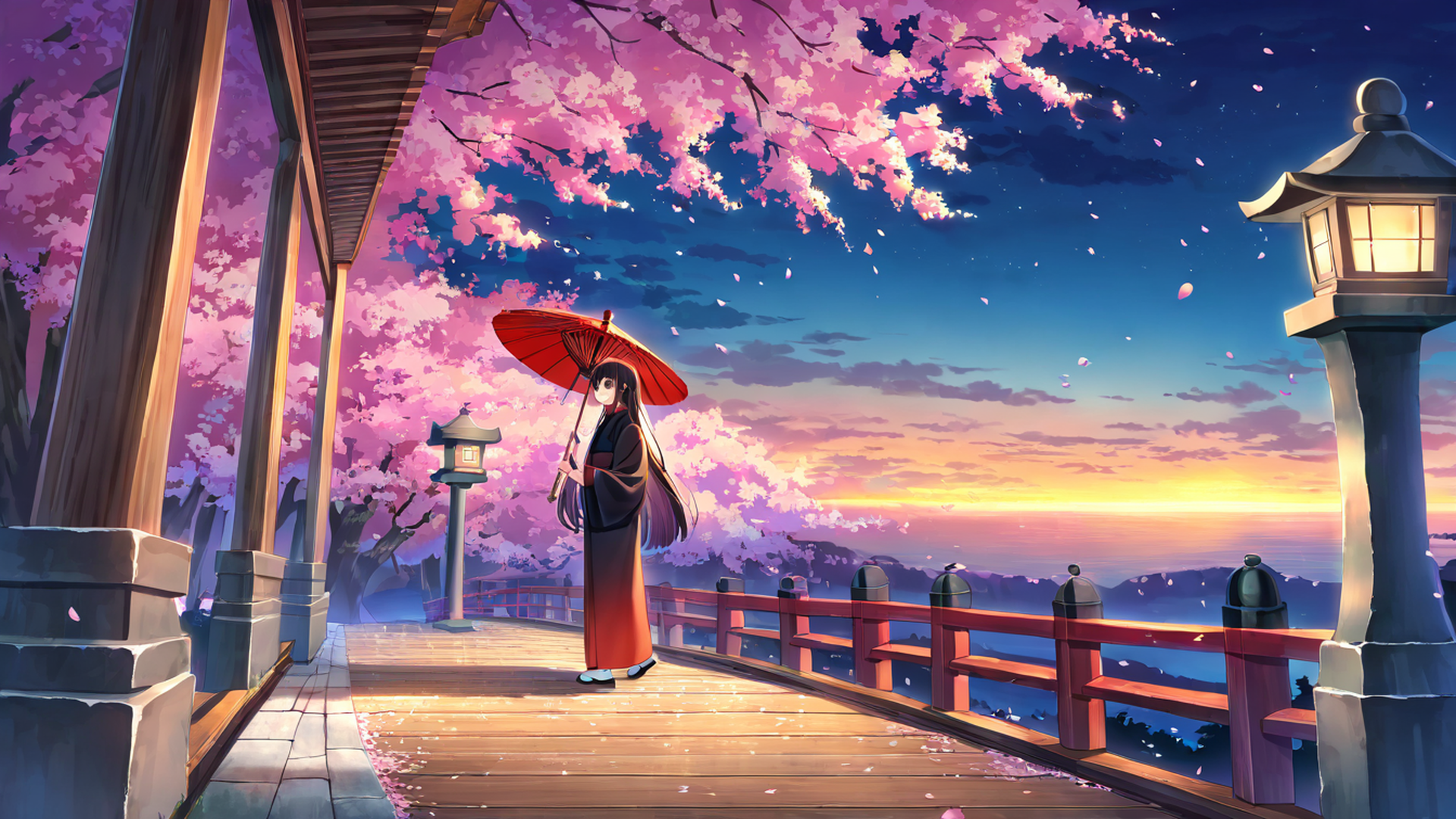 girl sakura umbrella lofi wallpaper