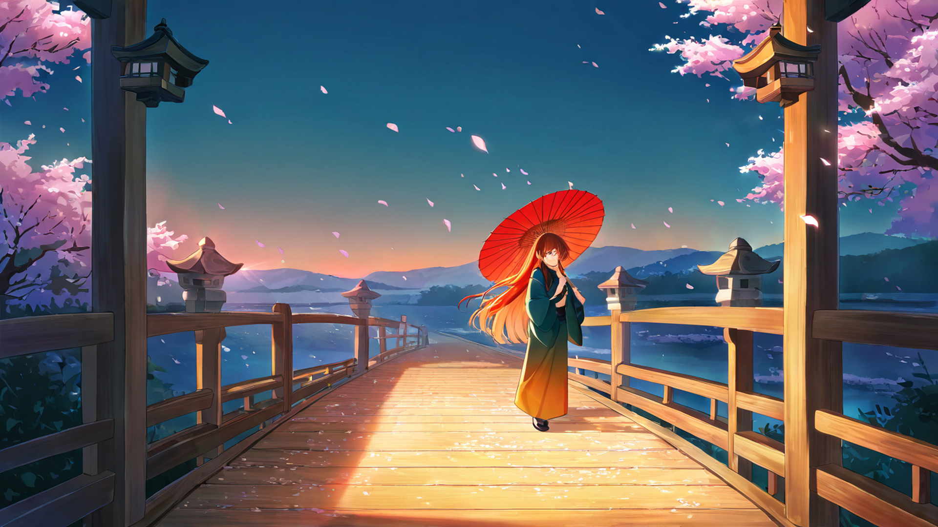 girl sakura umbrella lofi wallpaper