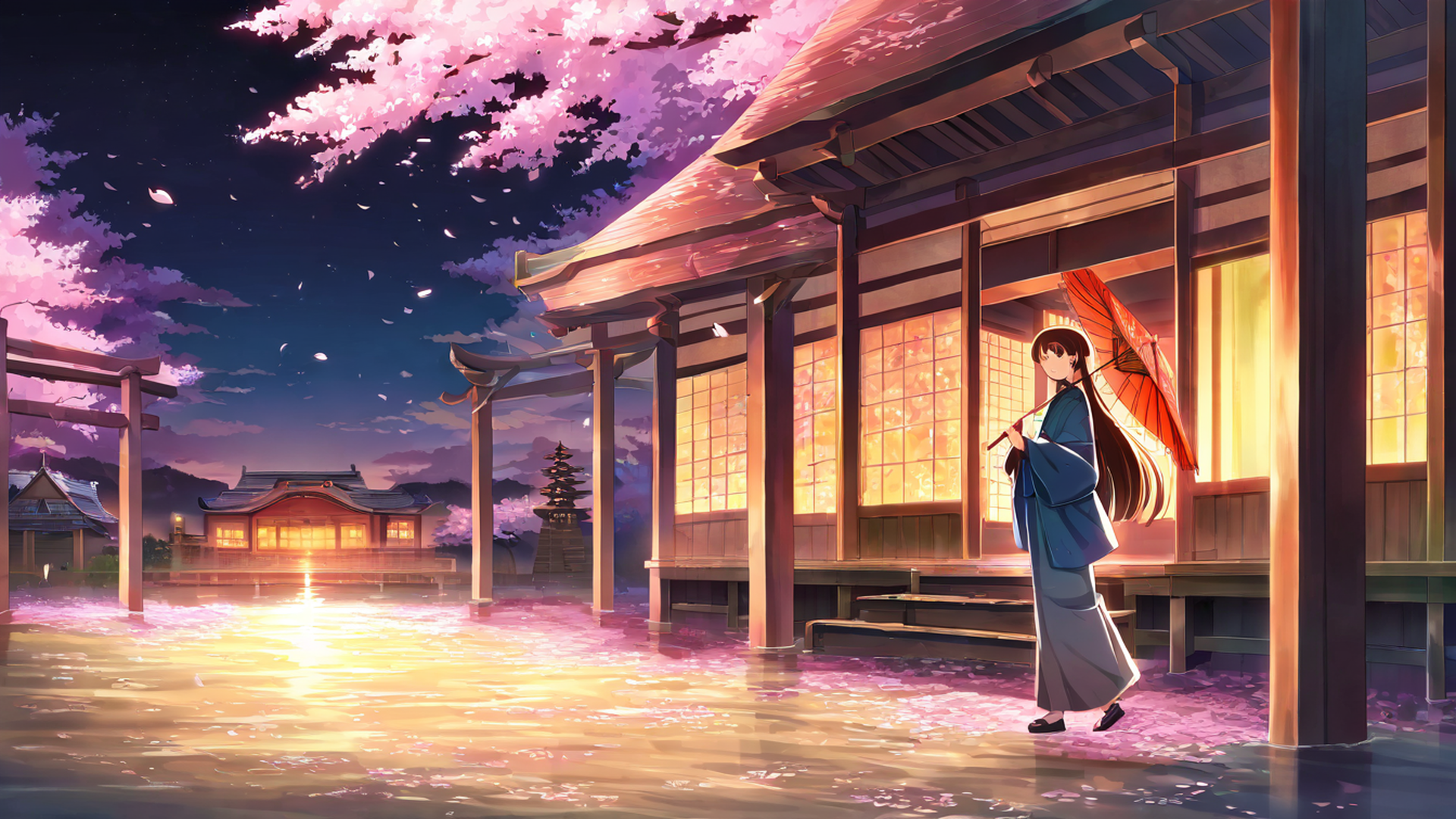 girl sakura umbrella lofi wallpaper