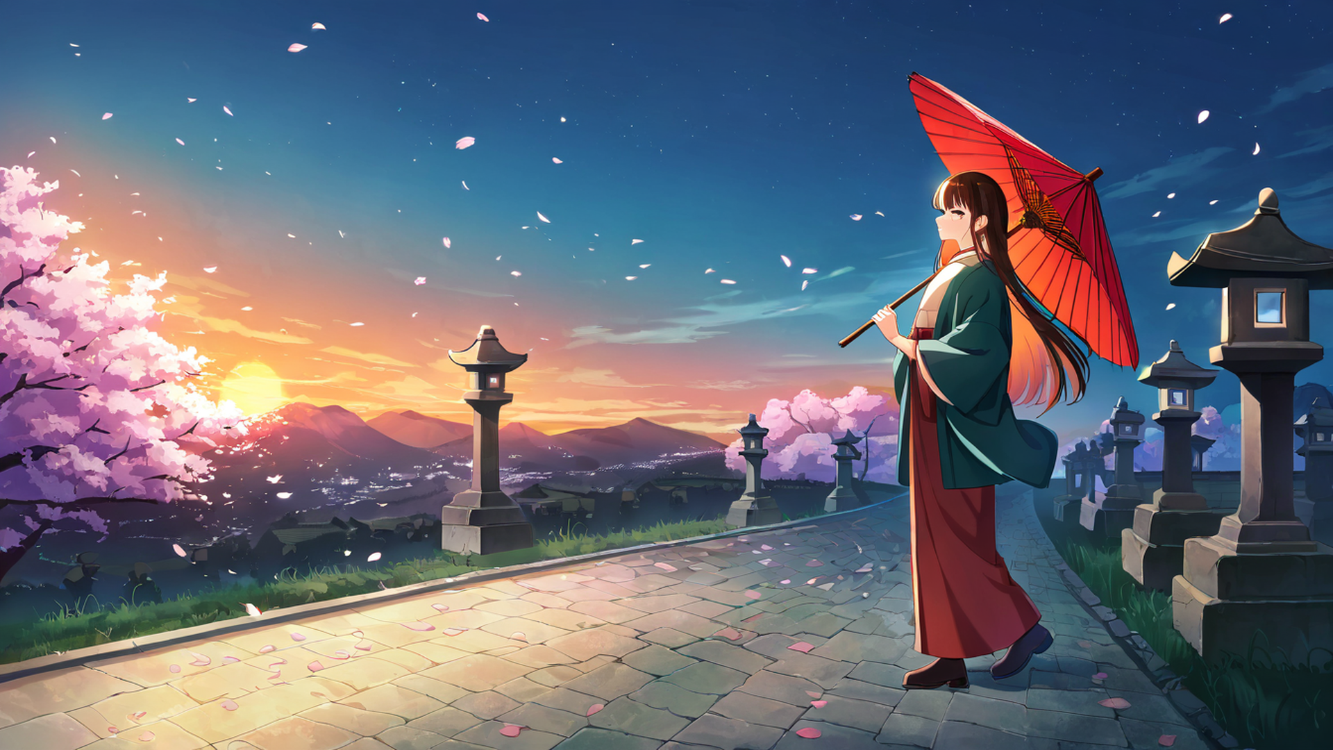 girl sakura umbrella lofi wallpaper