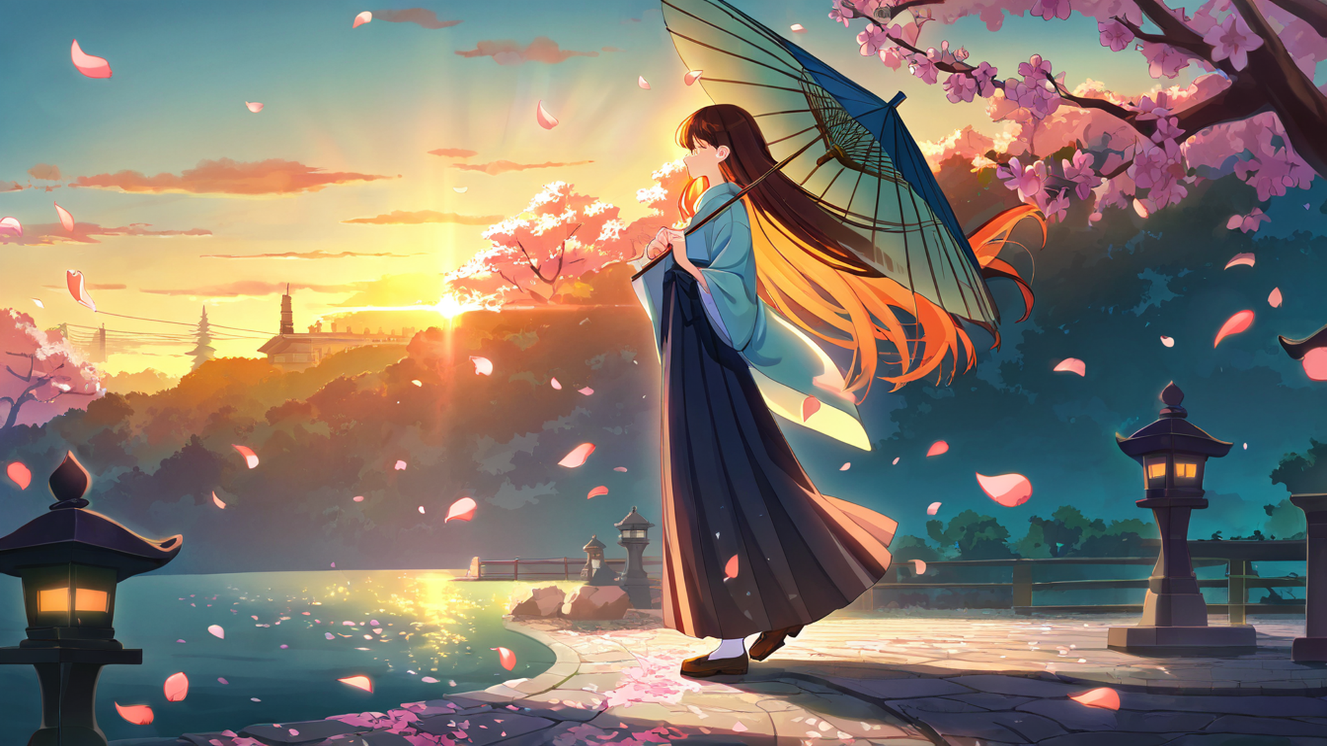 girl sakura umbrella lofi wallpaper