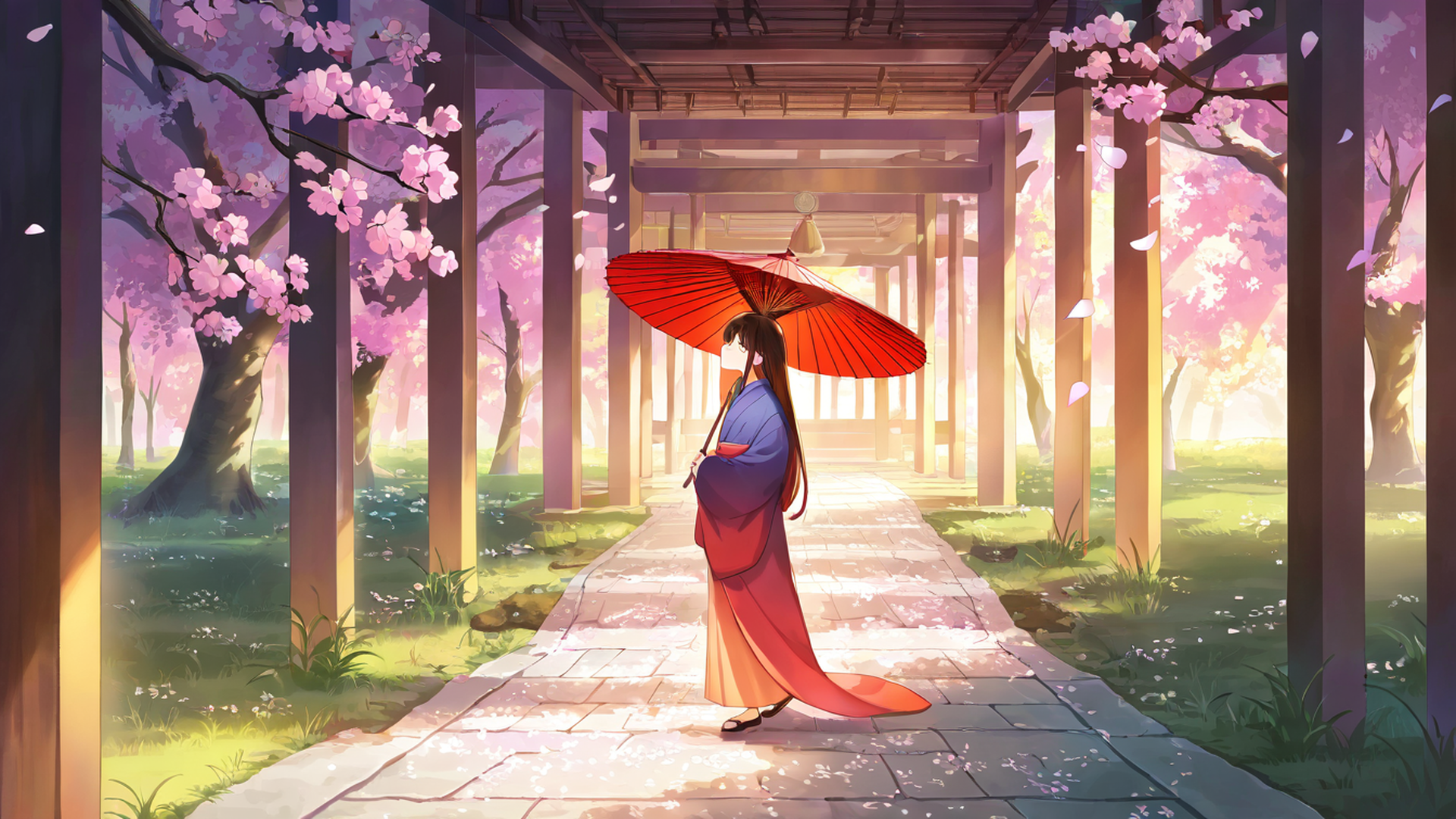 girl sakura umbrella lofi wallpaper