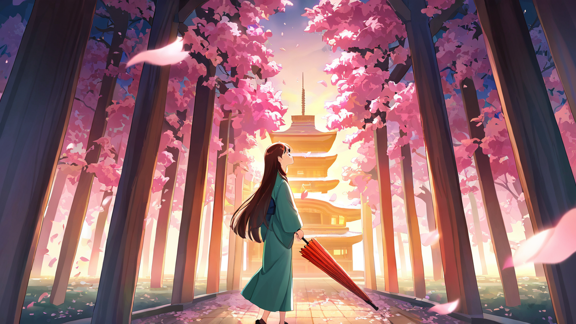 girl sakura umbrella lofi wallpaper