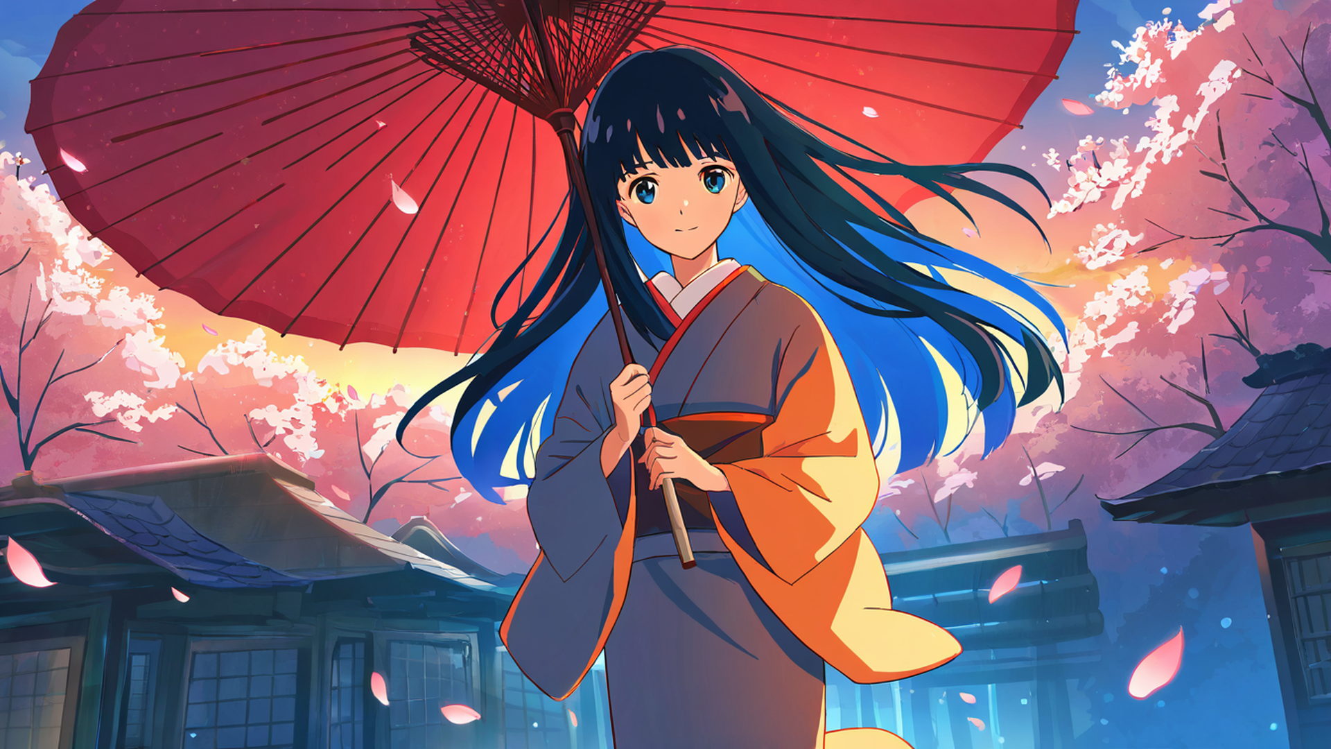 girl sakura umbrella lofi wallpaper