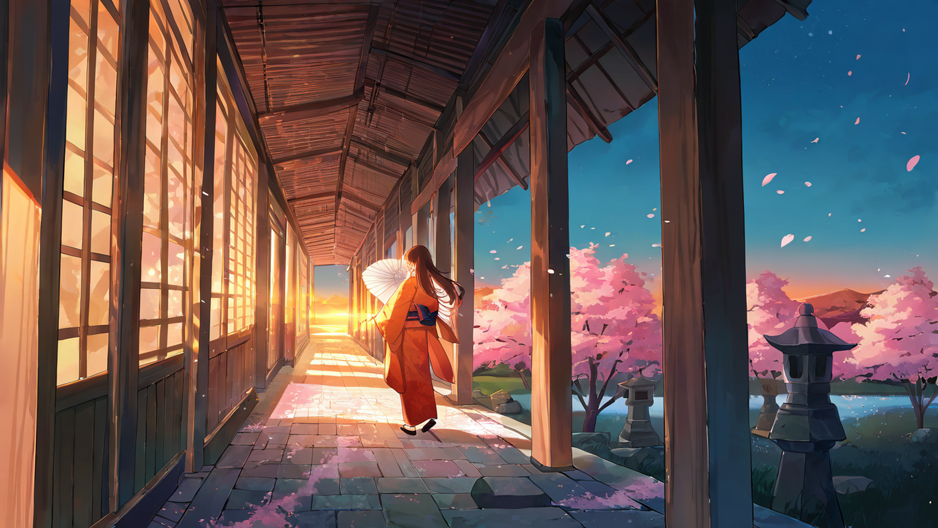 girl sakura umbrella lofi wallpaper