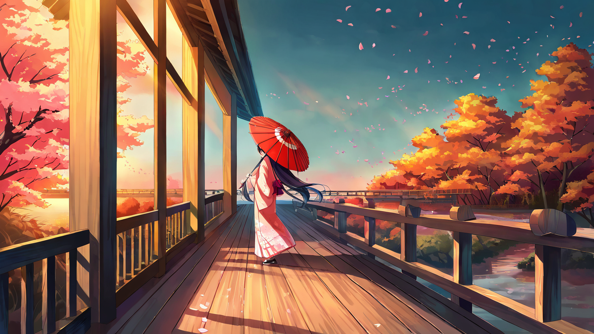 girl sakura umbrella lofi wallpaper