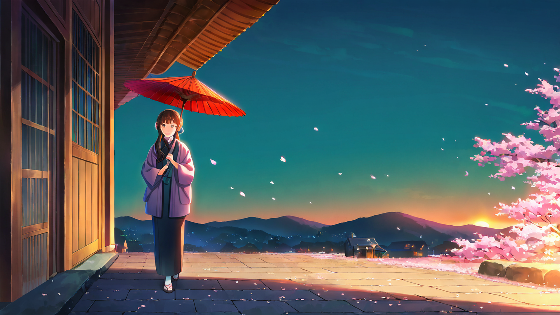 girl sakura umbrella lofi wallpaper